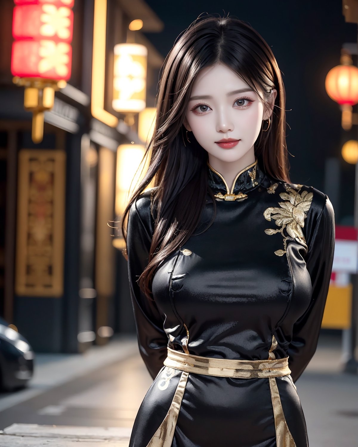 A sheer salon style long windblown hair, masterpiece, best quality, ultra high res, 1girl, solo, a stunning pretty and beautiful Korean hot model, 20yo, looking at viewer:1.3, (bright smile:1.0), night, chinese lantan festival, chinese lantan, wearing (((detailed wear:1.25), (black theme:1.5), (Black china dress with detailed gold design:1.2), (high class feeling:1.1))), cowboy shot portrait, attractive showing her breasts ,realistic, busty, (round breasts:1.2),(large breasts:1.3),(sagging breasts:1.3),(narrow waist:1.3), standing with arms behind back:1.3, watch, ,1girl