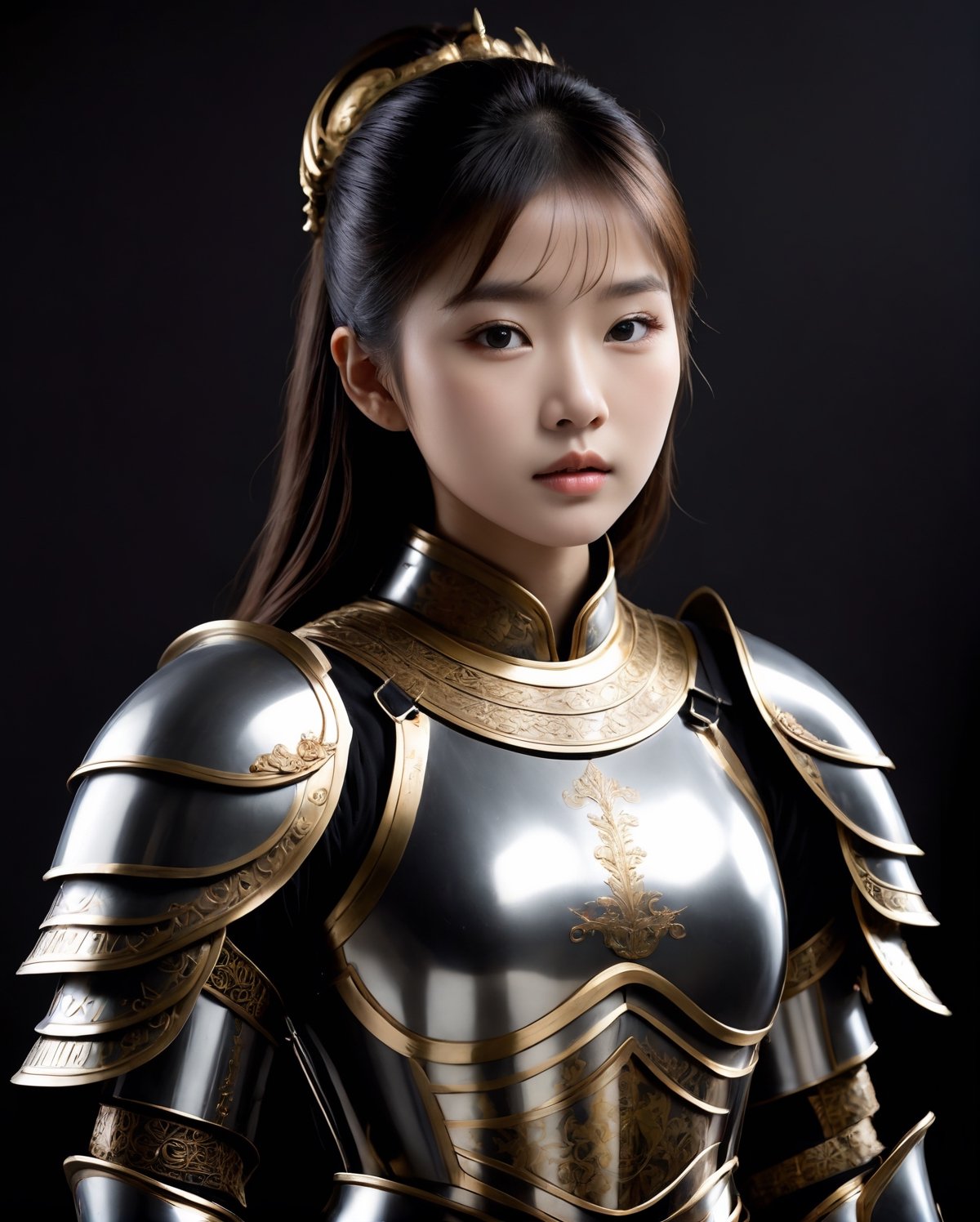 Asian girl, black background, wearing female kngith armor, 