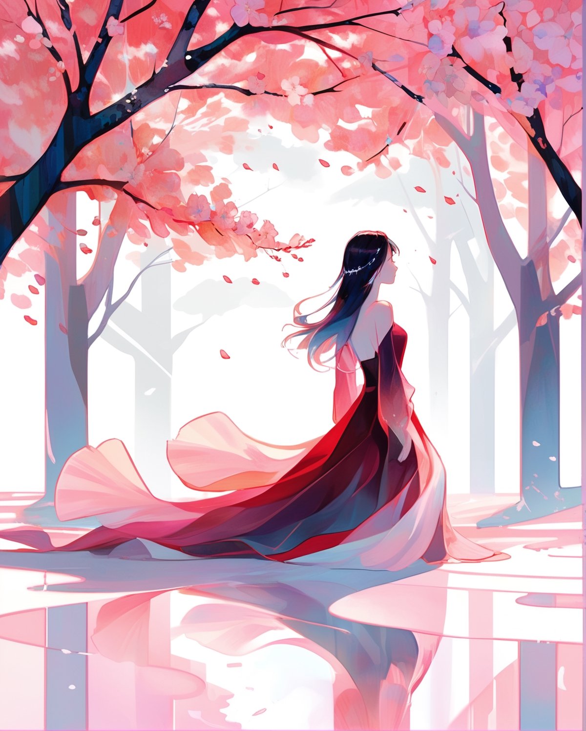 A stunning, abstract art piece featuring a mesmerizing symphony of translucent, fragmented shapes. The composition is a harmonious blend of geometric forms in soft pinks and whites, reminiscent of cherry blossom petals dancing in the breeze. The overlapping and intertwining elements create a kaleidoscopic effect, blurring the lines between positive and negative space. Ethereal gradients and atmospheric washes imbue the work with an otherworldly aura, reflecting the fleeting beauty of cherry blossoms. The interplay of precise angular compositions and organic forms captures the delicate balance between order and chaos in the transient spectacle of blooming cherry trees. This modern geometric interpretation offers a captivating, meditative exploration of light, form, and movement, distilling the essence of the ephemeral blossoms.