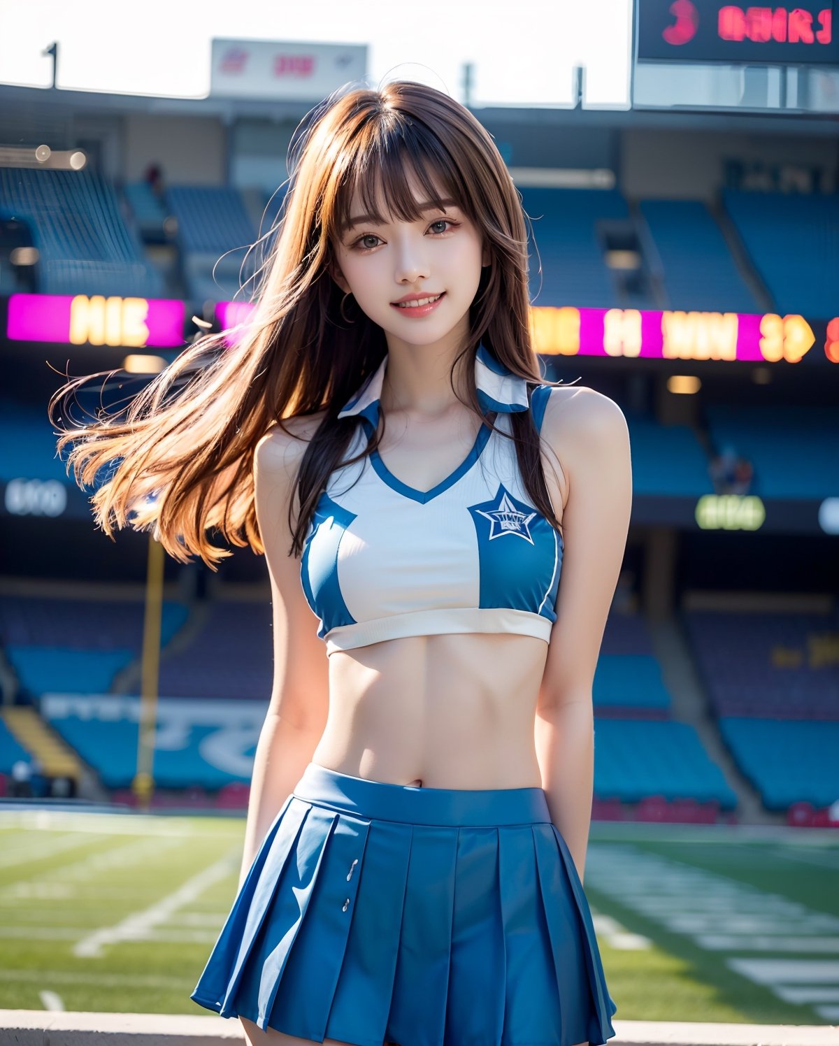 (super bowl theme:1.3), 
(cowboy shot portrait:1.3), (shiny blonde long twin driiled hair with bangs:1.3),(twin drilled hair), (shiny blonde hair:1.3), (hime cut bangs:1.5), ((centered image)), a stunning beautiful and busty woman, 20yo, (looking at the viewer:1.3), (view viewer), (facing the viewer:1.3), (standing with arms behind back:1.3),
BREAK, 
super bowl, American football stadium, night, night stadium, audience, 
BREAK, 
masterpiece, best quality, highres, 1girl, Korean hot model, looking at viewer:1.3, (bright smile:1.2),(straight teeth:1.3), wearing ((cheerleader uniform:1.3)),(blue cheerleader vest),(sponcer's logo),(blue box pleated skirt:1.3),(blue theme:1.3), cowboy shot, realistic, busty, (sagging breasts:1.37), (medium breasts:1.37),(narrow waist:1.3),(thin legs:1.3), sandy body, stain body, sweat body, dairty body, sandy skin, sweat skin, parted lips, glossy juicy lips, pink lips, ,Realism,photo of perfecteyes eyes