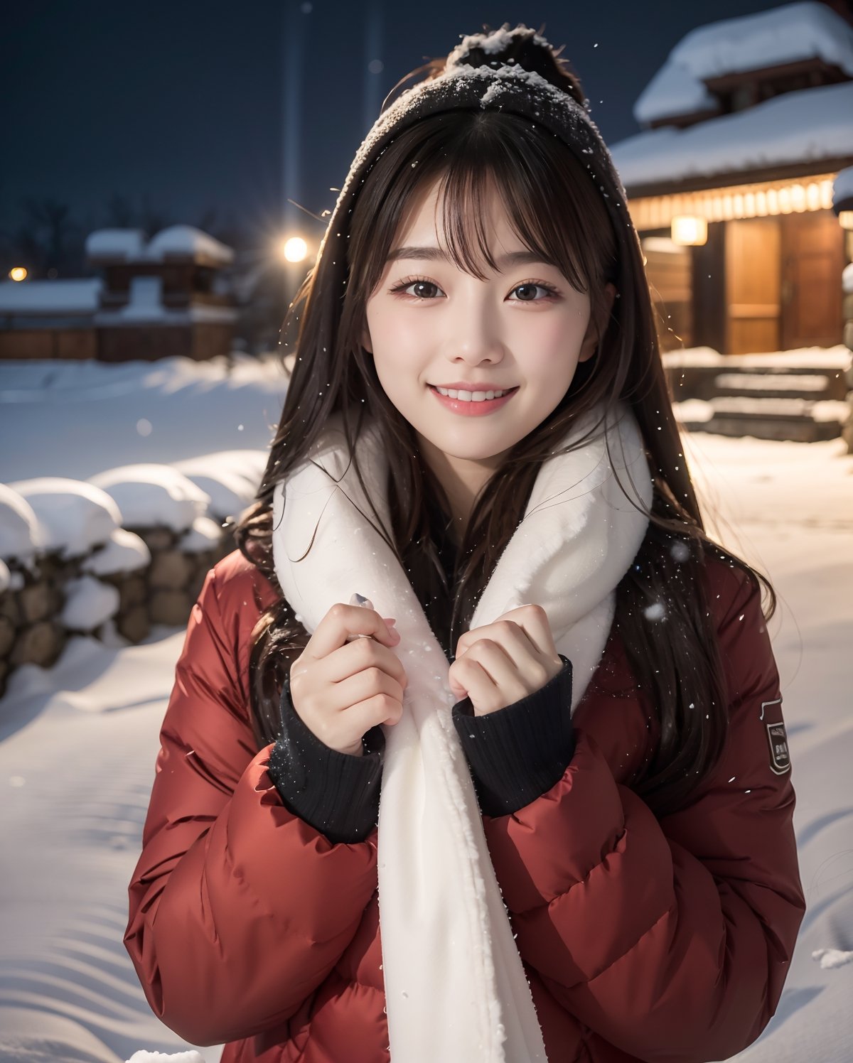 (4k, RAW photo, best quality, masterpiece:1.2),japanese,1girl,winter,snow fall,night light,face focus,smile,looking at viewer,tremendous snowfall
 