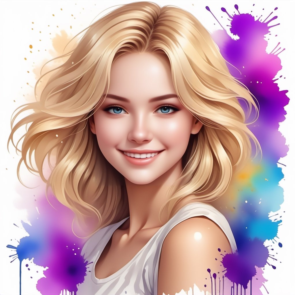 ink art, a beautiful caucasian girl, beautiful Russian girl, blonde long hair, 18yo, anime style, smiling with style, dynamic poses, ultra colorfull, white background, details, clean, masterpiece,,,art_booster,,,,<lora:659095807385103906:1.0>