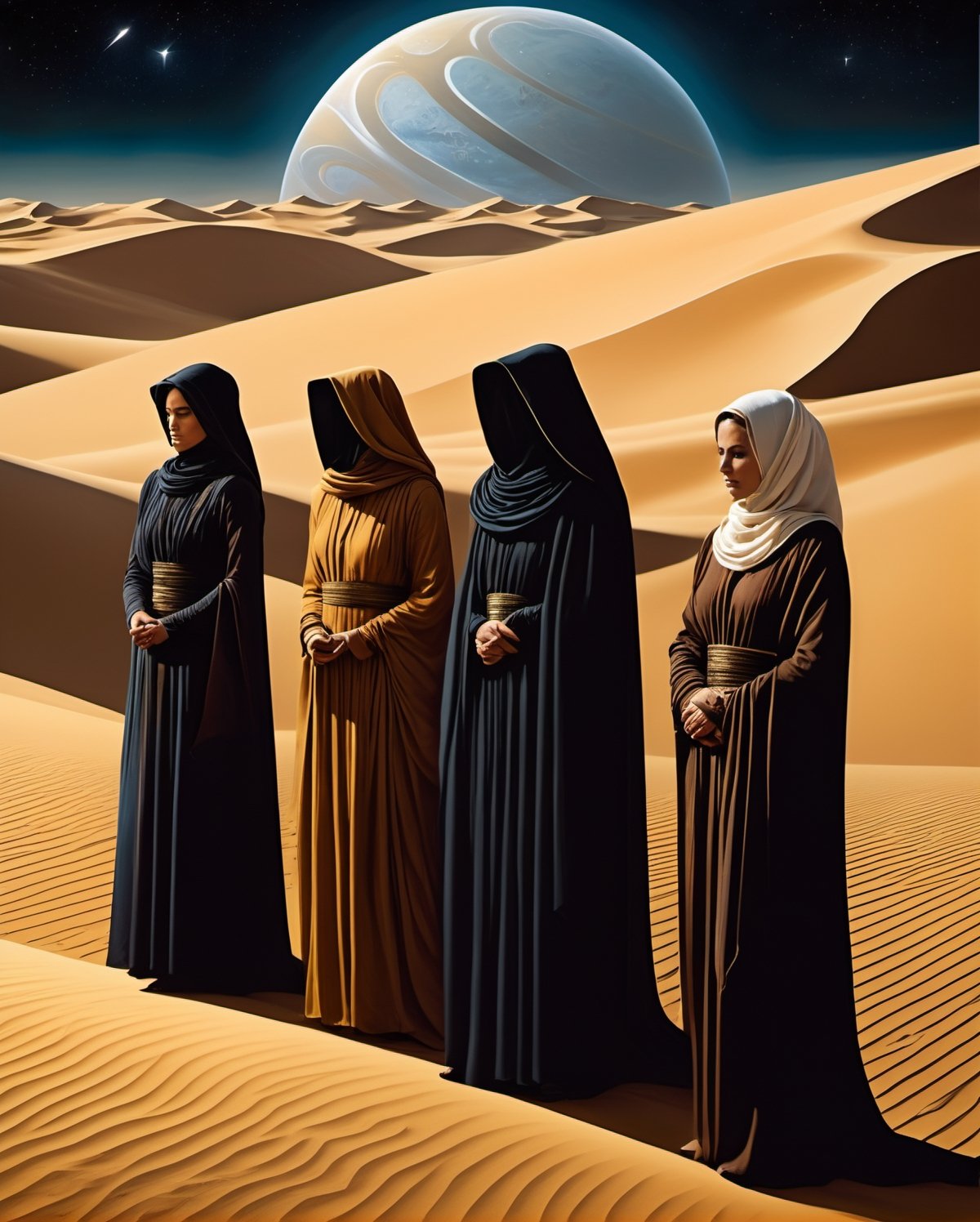 Imagine an evocative illustration inspired by the religious themes of "Dune." In this image, a cosmic tapestry unfolds, depicting followers of the mysterious Bene Gesserit sisterhood engaging in ritualistic practices. The backdrop showcases the colossal sand dunes of Arrakis, echoing the desert planet's spiritual significance. Cloaked figures engage in meditative stances, symbolizing the quest for prescient visions and enhanced awareness. At the center, a sacred spice melange radiates an otherworldly glow, embodying the transformative and mystical properties revered in the "Dune" universe. This artwork visually encapsulates the fusion of mysticism, interstellar politics, and the enigmatic allure of the desert world's religious undertones.