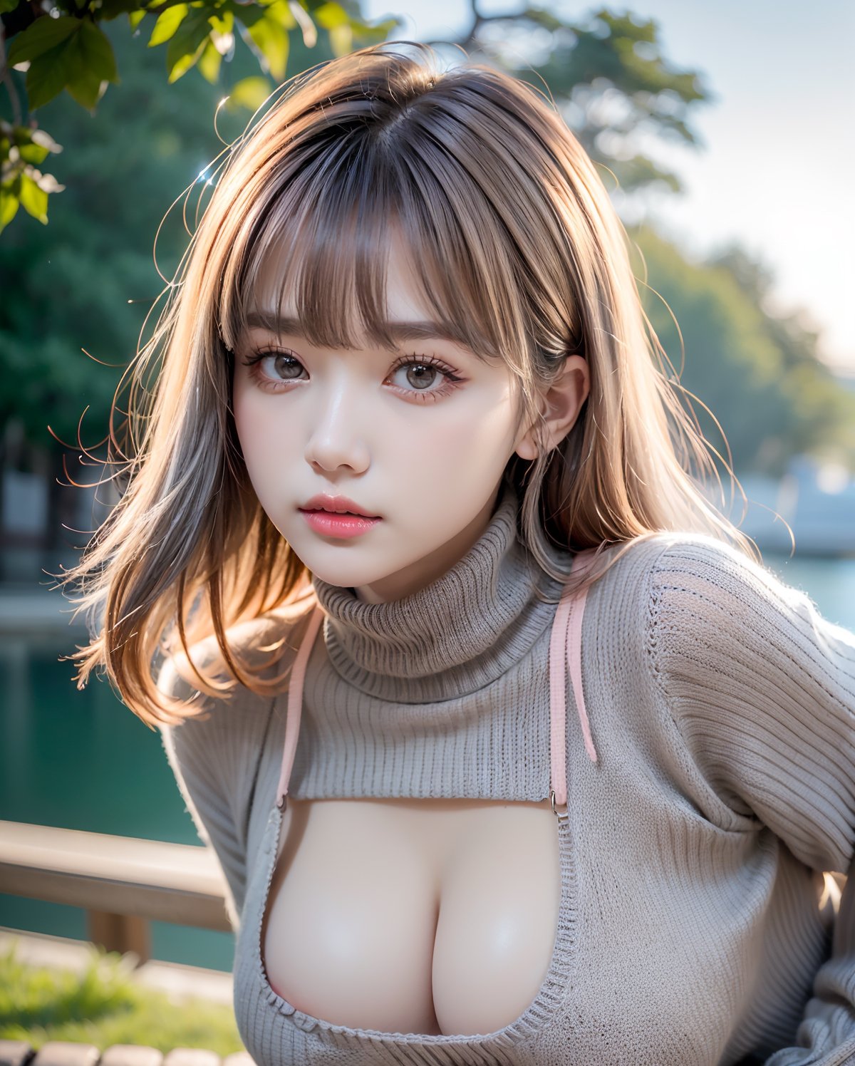 (upper body portrait:1.3), (wavy two side up hair with bangs:1.3), windblown hair, (light {orange|pink} two tone hair:1.3), (hime cut bangs:1.5), ((centered image)), a stunning beautiful busty woman, 20yo, medieval river side:1.3, steam, mist, smog, wind, fog, at early morning, flying sand and grass, (looking at the viewer:1.3), (view viewer), (facing the viewer), (standing with leaning forward:1.3),  
BREAK, 
masterpiece, best quality, highres, 1girl, Korean German, hot model, looking at viewer:1.3, (smile:0.6), wearing ((grey body fit turtleneck knitted sweater dress:1.3)), (no bra:1.4),(nipples shapes visible through clothes:1.4),(grey theme:1.3), upper body shot, realistic, busty, (large breasts:1.37), (upturned breasts:1.37),(round breasts:1.37) ,parted lips, glossy juicy lips, pink lips, ,Realism,photo of perfecteyes eyes