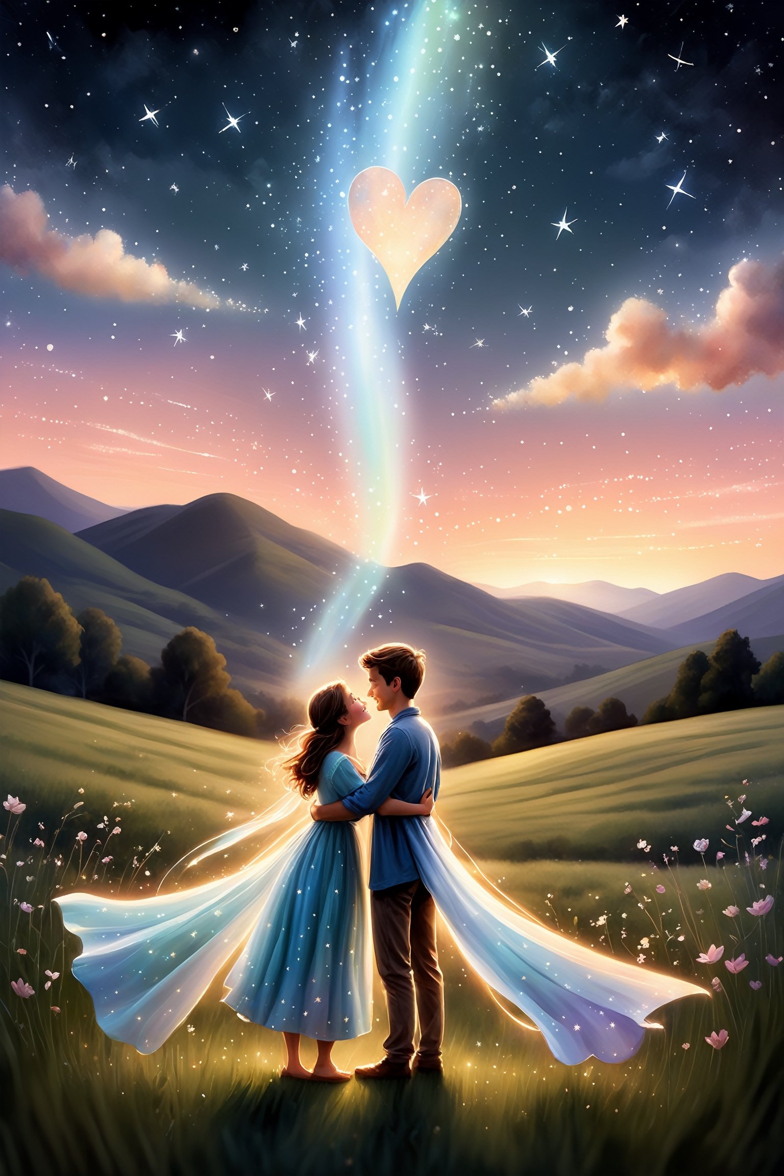 "A romantic night scene rendered in a blend of 3DCG and watercolor style, featuring a young couple under a starry sky. The boy and girl are standing close together, gazing up at a brilliant shooting star that illuminates the sky. The girl's smile shines brightly as the stars twinkle around them. The night sky is filled with countless stars, creating a magical and serene atmosphere. The couple's hearts are united, symbolized by the shooting star tying their dreams together. The background includes gentle rolling hills and a calm, expansive meadow, adding to the peaceful and romantic setting. The colors should be soft and dreamy, with watercolor textures blending seamlessly with the 3DCG elements. Focus on the glowing shooting star, the tender expressions of the couple, and the ethereal quality of the scene."