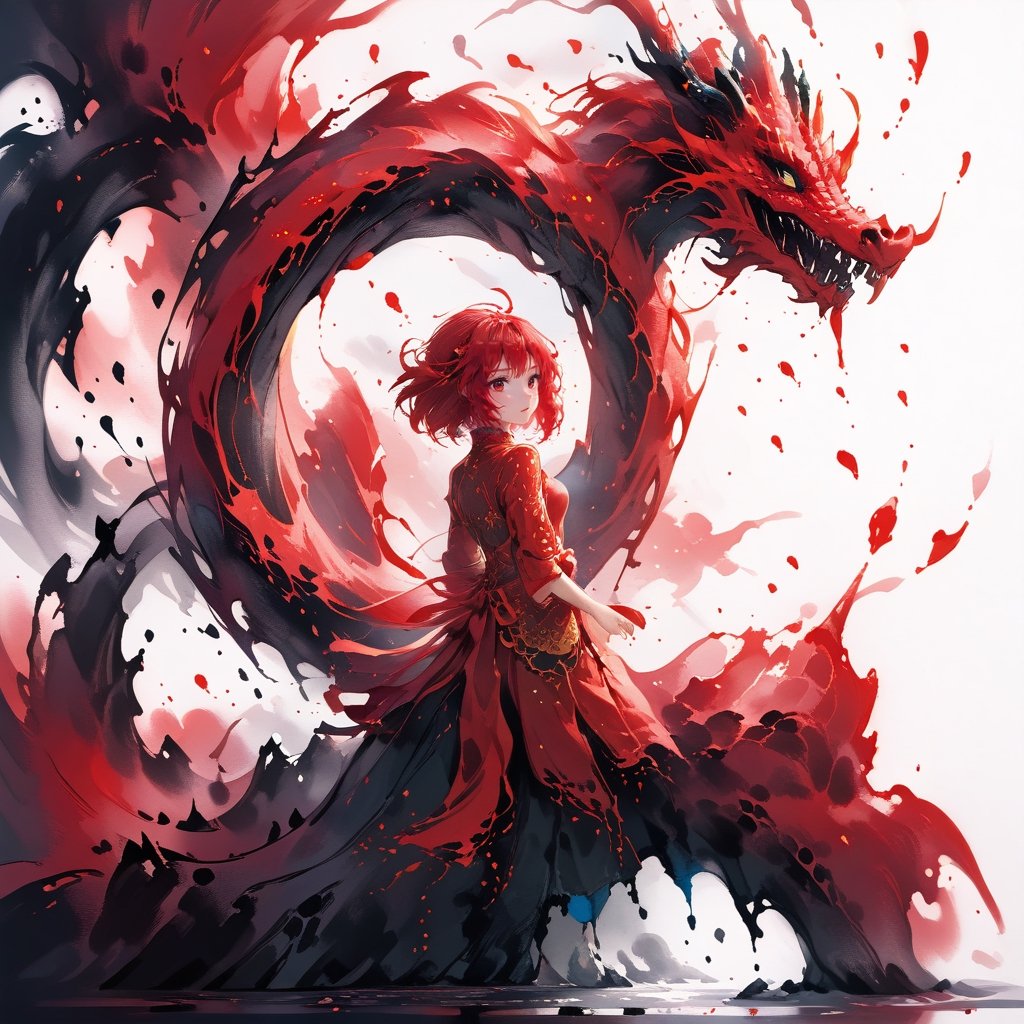 stylized inkpainting and digital anime painting, eastern dragon, ink painting, 1dragon girl, weaing a cheongsam red armored dress, ray tracing, 8k, realistic, masterpiece, best quality,aesthetic,1dragon girl,dragon,,,,,,<lora:659095807385103906:1.0>