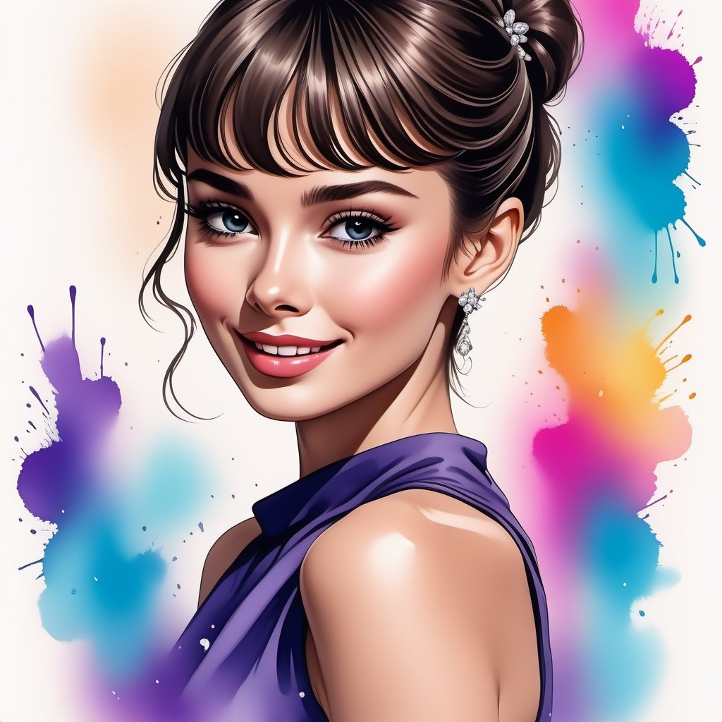 ink art, a beautiful caucasian girl, Audrey Hepburn, anime style, smiling with style, dynamic poses, ultra colorfull, white background, details, clean, masterpiece,,,art_booster,<lora:659095807385103906:1.0>