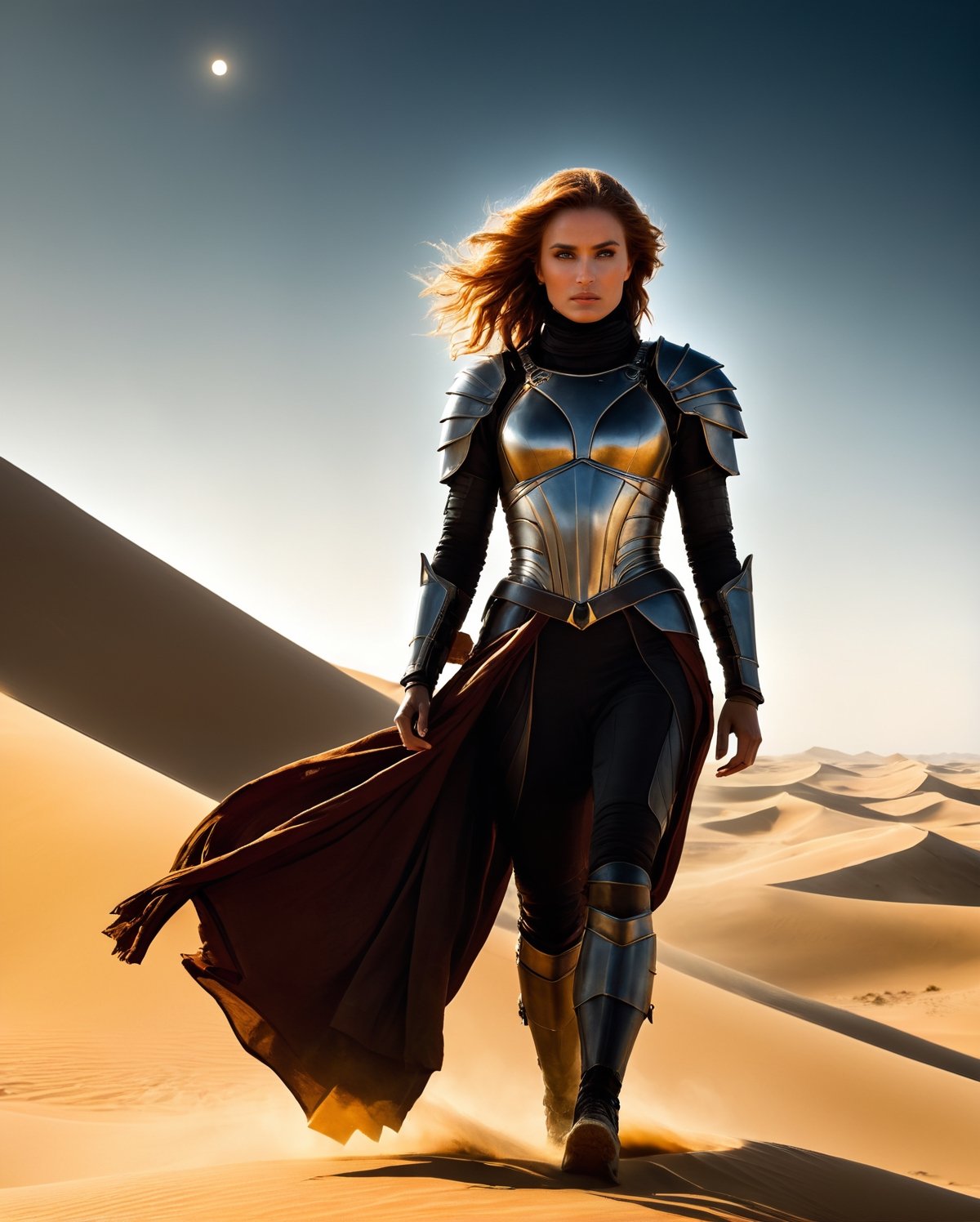 Step into the cinematic allure of Arrakis with an epic movie poster-style portrait featuring a formidable female warrior. The backdrop of endless sand dunes is illuminated by the twin suns, casting an atmospheric glow that wraps around the scene. The central focus is the silhouette of a desert warrior, dressed in intricate armor, her back to the audience. Her mysterious gaze is directed into the horizon, a symbol of strength and enigma against the harsh beauty of Dune. Her hair is tousled by the winds, adding a dynamic flair to the image. Dramatic lighting highlights the details of her battle-worn attire and the gleaming crysknife at her side. Embrace the enigma and strength of this desert warrior in a visually captivating Dune-inspired movie poster.