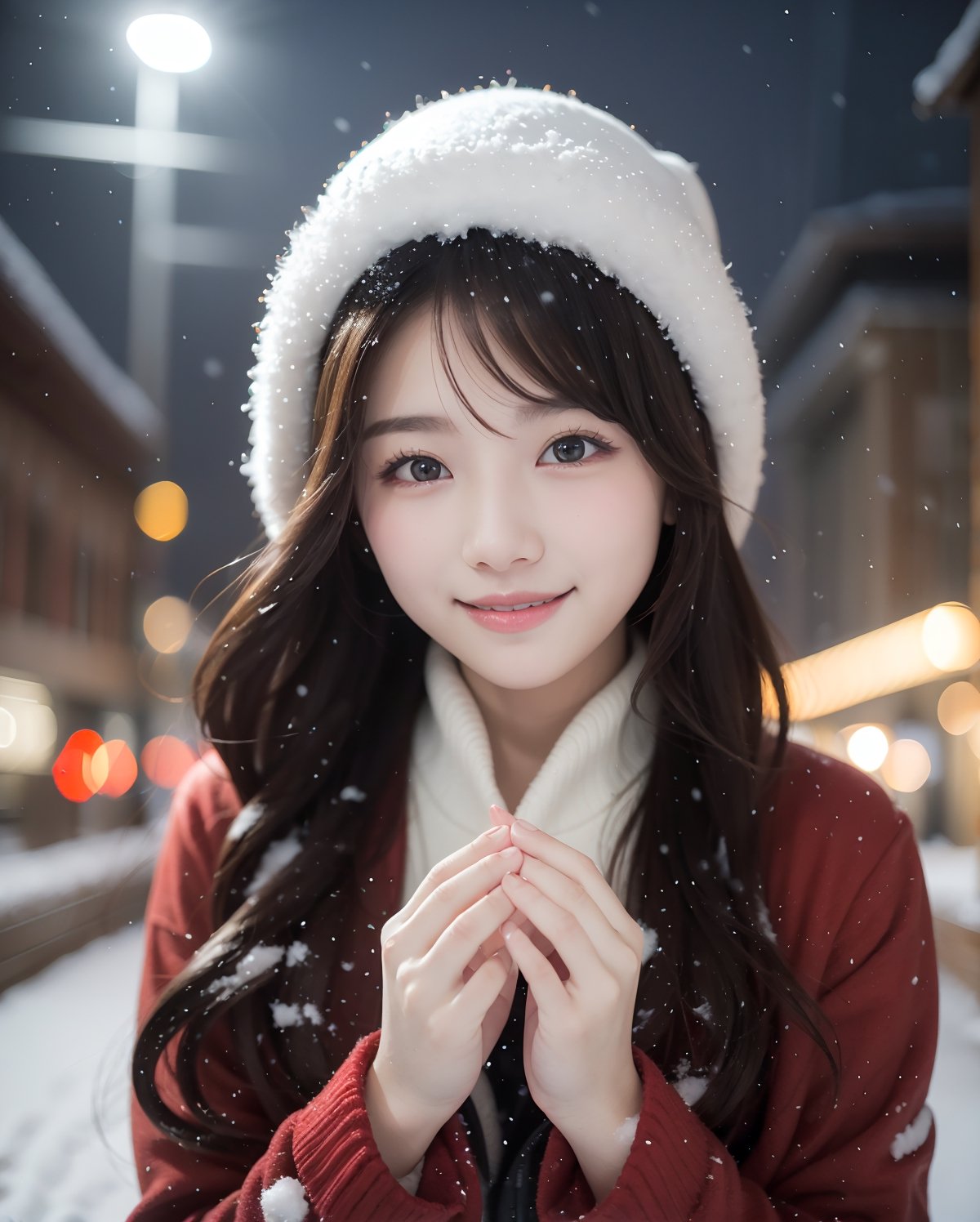 (4k, RAW photo, best quality, masterpiece:1.2),japanese,1girl,winter,snow fall,night light,face focus,smile,looking at viewer,tremendous snowfall
 