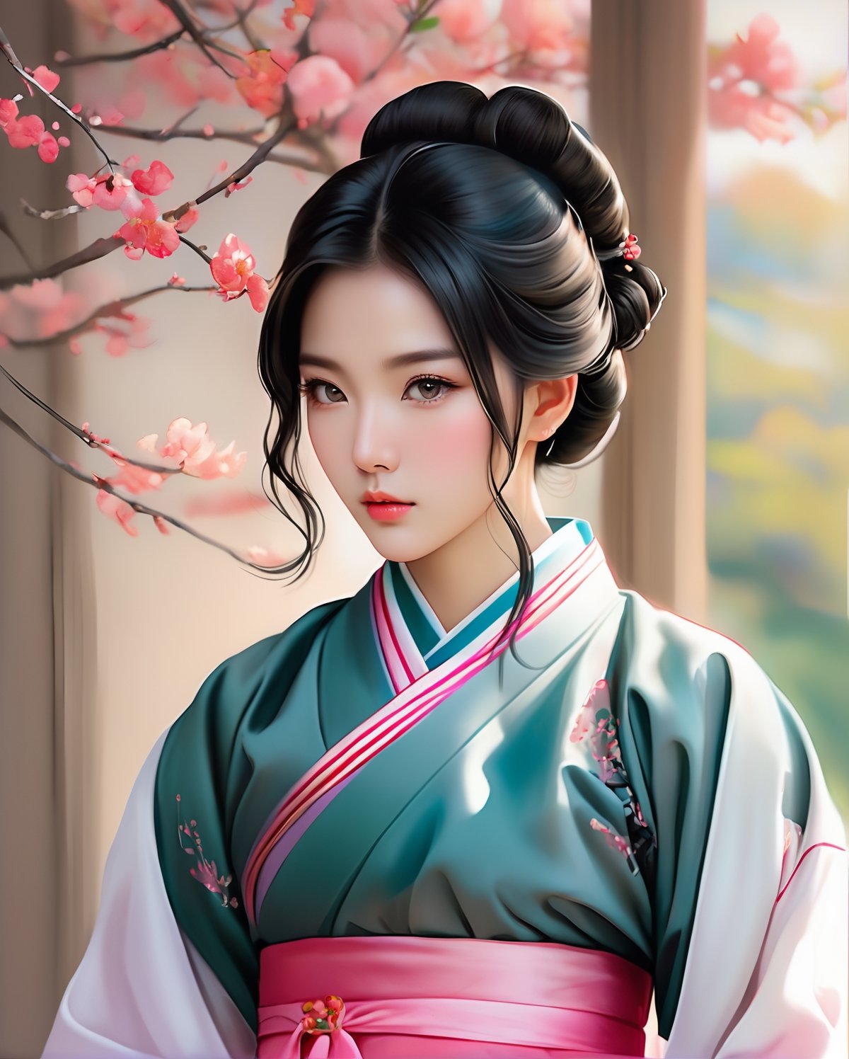 Pencil sketch of a stunning beautiful Korean girl, 20yo, black updo hair, wearing a hanbok, portrait by Charles Miano, pastel drawing, illustrative art, soft lighting, detailed, more Flowing rhythm, elegant, low contrast, add soft blur with thin line,Asian girl,Hanbok