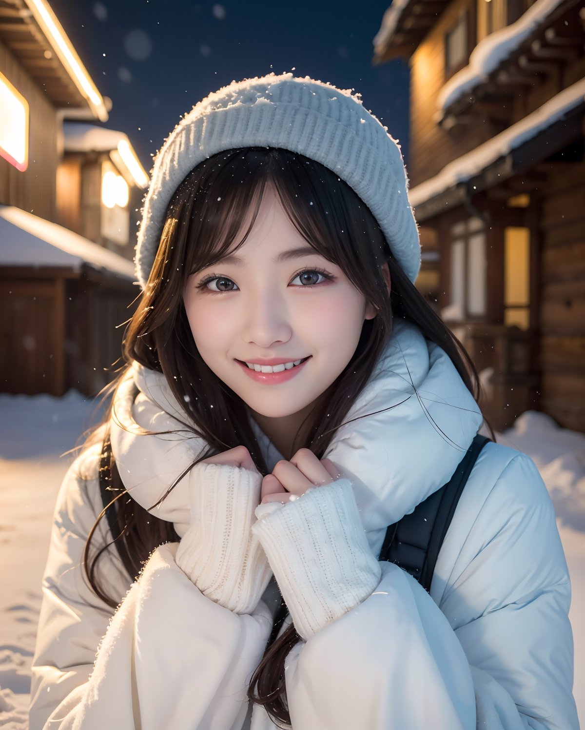 (4k, RAW photo, best quality, masterpiece:1.2),japanese,1girl,winter,snow fall,night light,face focus,smile,looking at viewer,tremendous snowfall
 