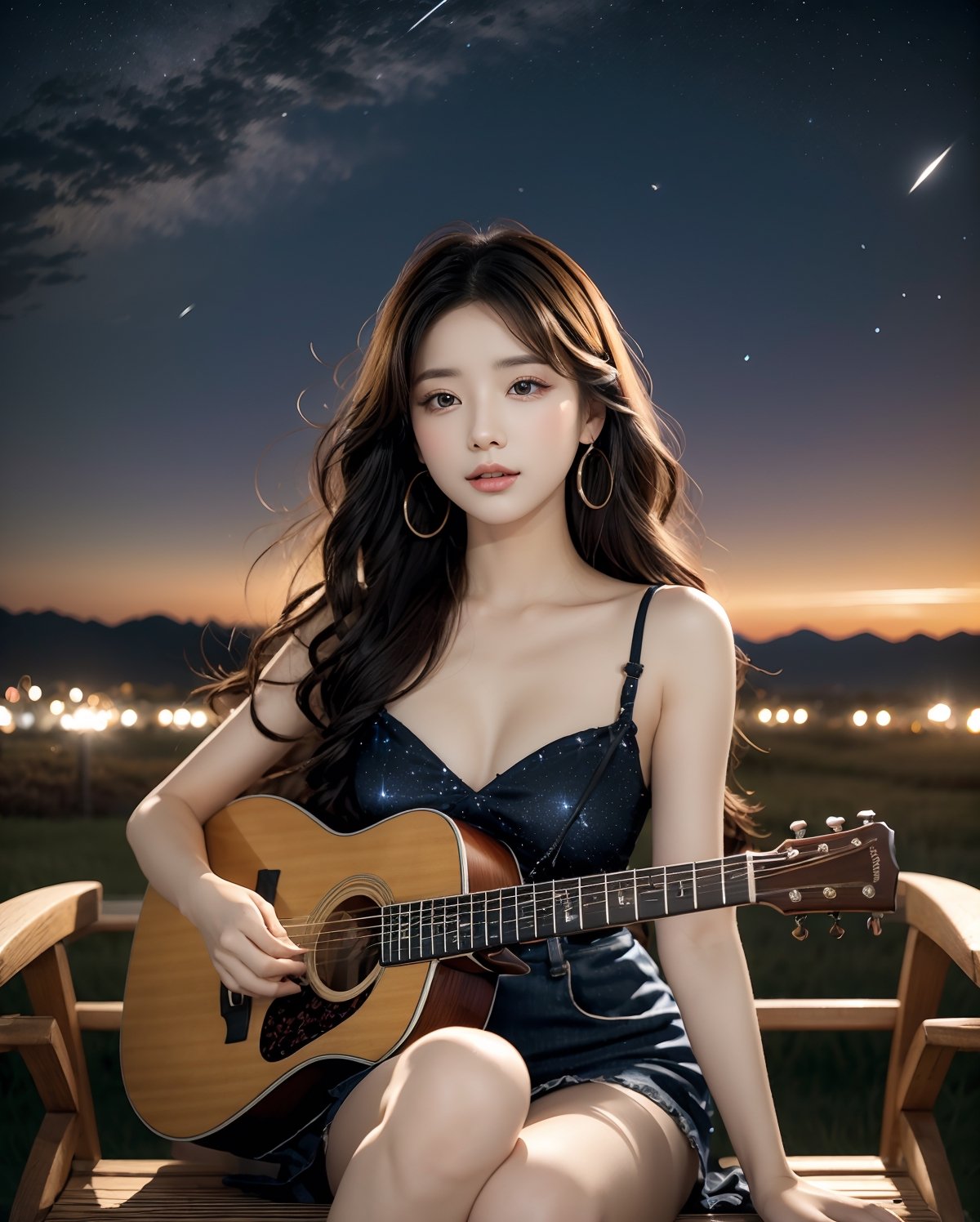 This AI illustration depicts a female singer in her twenties sitting cross-legged on a chair with a calm expression on her face as she plays her guitar and sings in a place with a starry night sky and sparkling stardust in the background. Her hair elegantly flutters in the wind, playing the beauty of the universe along with her singing voice. The singer's outfit reflects the brightness of the stars and emphasizes her charm. Fantastic light drifts around her, further expressing the mystical atmosphere of the night sky. Her eyes are full of passion, and one can sense her wholehearted devotion to music. This illustration depicts a dreamlike moment when music and the beauty of the universe merge.