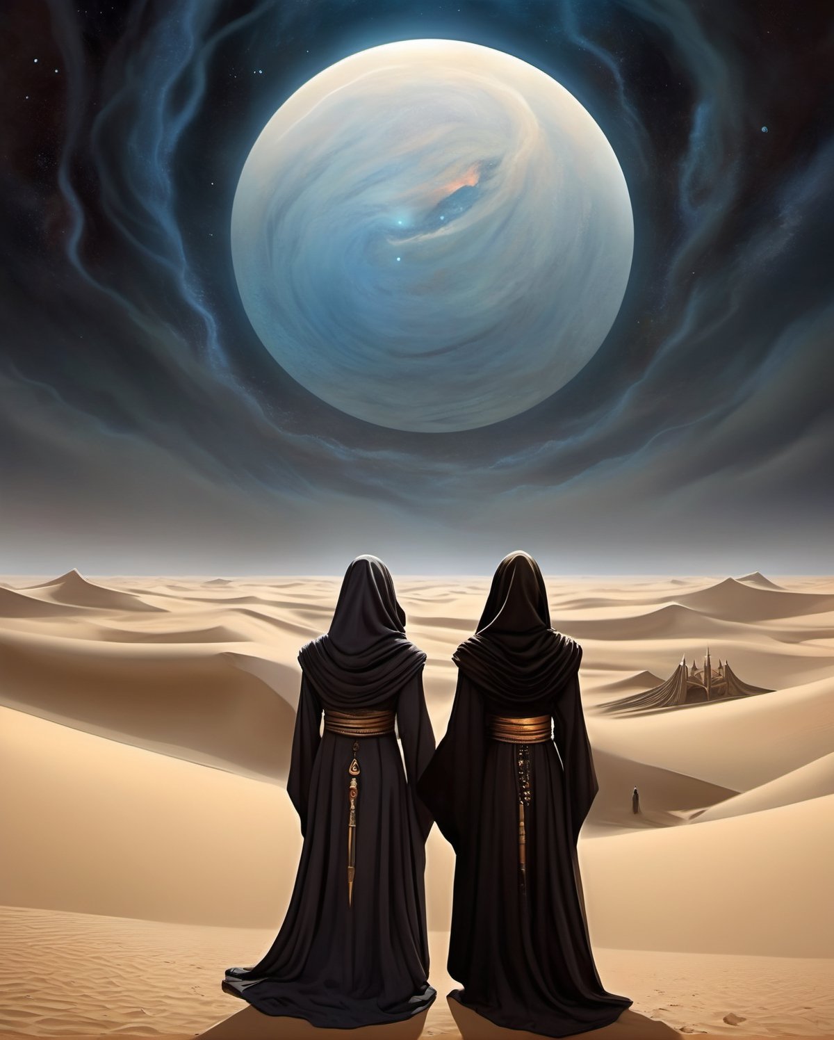 A captivating illustration of the Bene Gesserit sisterhood engaged in a ritualistic practice, surrounded by the massive sand dunes of Arrakis. The cosmic tapestry in the sky reflects the religious and spiritual themes of "Dune." The figures are cloaked, and they stand in meditative stances, symbolizing their quest for prescient visions and enhanced awareness. A sacred spice melange is at the center, radiating an otherworldly glow. The overall atmosphere of the artwork is mystical, with a touch of interstellar politics and the enigmatic allure of the desert world.