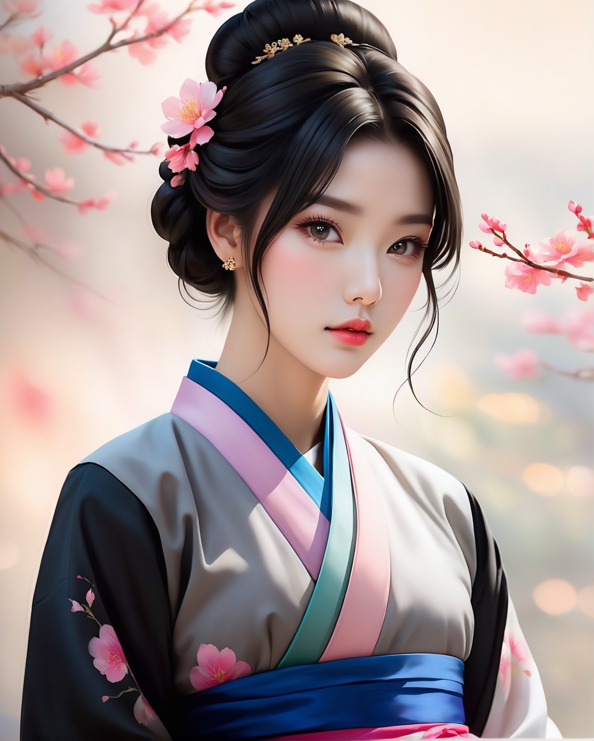 Pencil sketch of a stunning beautiful Korean girl, 20yo, black updo hair, wearing a hanbok, portrait by Charles Miano, pastel drawing, illustrative art, soft lighting, detailed, more Flowing rhythm, elegant, low contrast, add soft blur with thin line,Asian girl,Hanbok,,