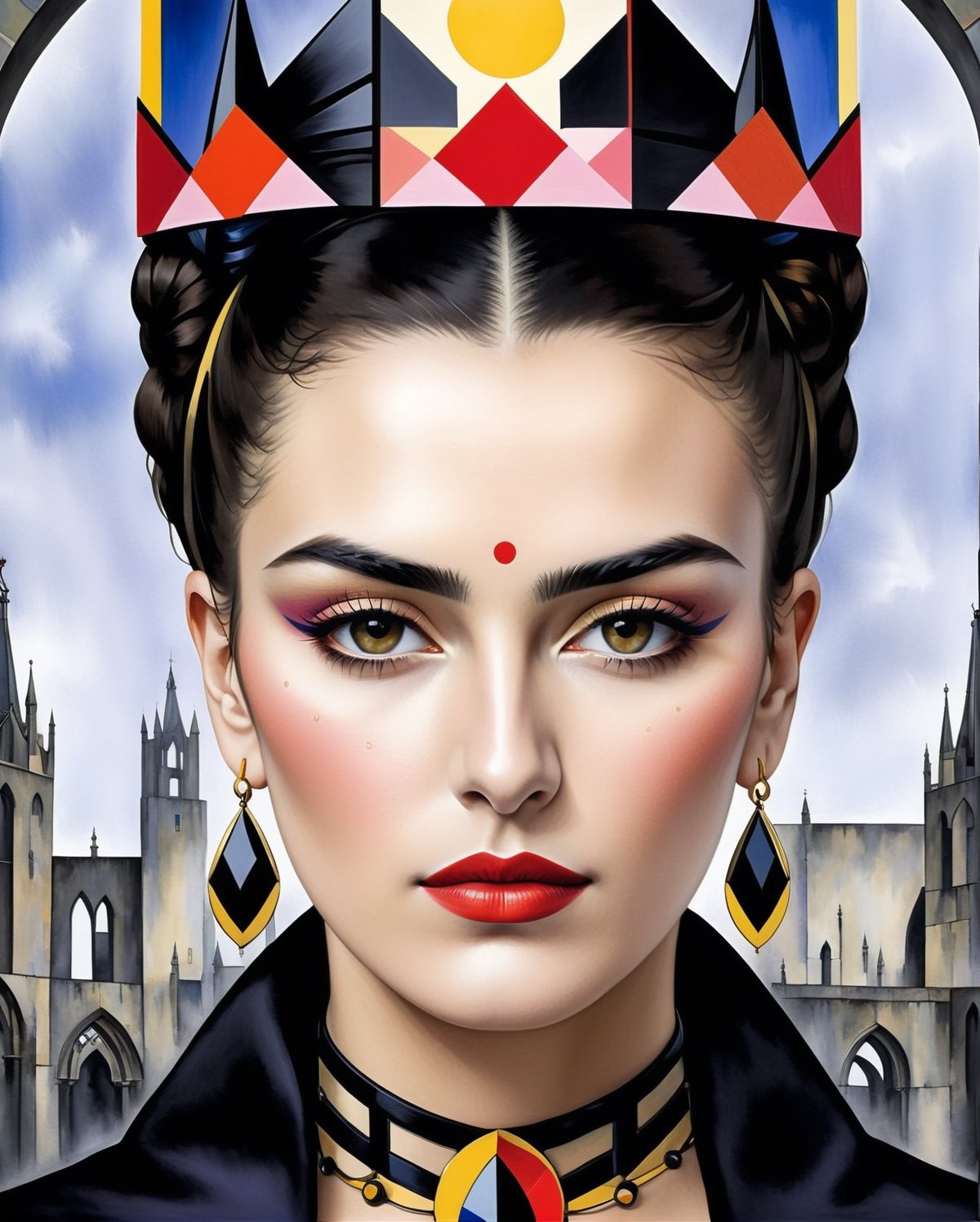 Imagine a mesmerizing 3D-generated painting that seamlessly blends the contrasting styles of Piet Mondrian and Frida Kahlo with the enigmatic themes of Gothic art. In this visual masterpiece, envision Gothic architectural elements forming the backdrop, characterized by soaring spires and intricate arches, meticulously rendered with Mondrian's geometric precision. Within this structured landscape, a Kahlo-inspired woman emerges, adorned with Gothic motifs, her ethereal beauty echoing the mysterious allure of Gothic art. Bold colors inspired by Kahlo's palette pierce through the stark Mondrian-esque lines, creating a unique fusion of rigidity and emotion. This artwork encapsulates a captivating harmony between the ordered elegance of Mondrian, the emotional richness of Kahlo, and the enigmatic atmosphere of Gothic aesthetics.