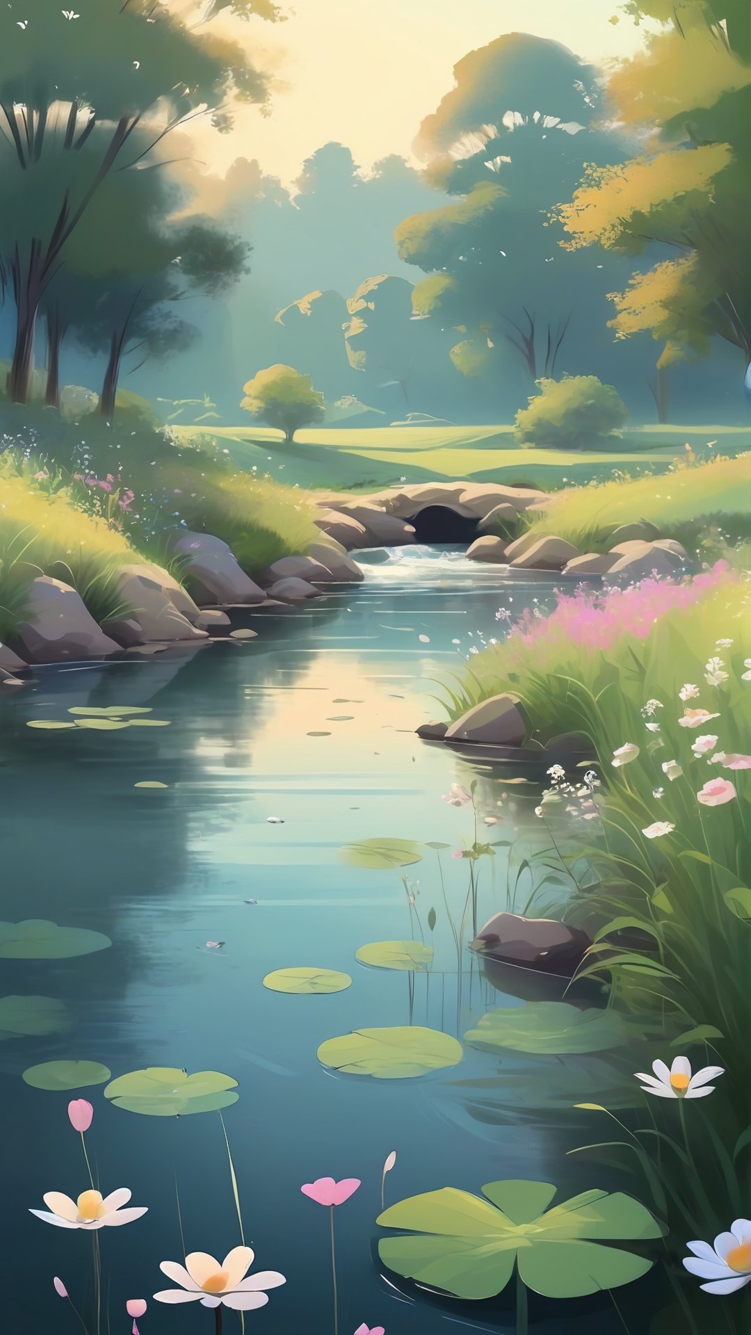 Create a captivating LOFI digital art illustration centered around relaxation, soothing vibes, and rural nature. Imagine a tranquil scene in the countryside, where time seems to slow down. Picture a peaceful meadow with gentle breezes rustling through the grass and wildflowers, creating a sense of calmness and serenity.

Incorporate elements like a babbling brook or a small pond, their tranquil waters reflecting the beauty of the surrounding nature. Add details like trees casting dappled shadows, birds chirping softly, and butterflies fluttering lazily among the flowers.

Use a soft, muted color palette to enhance the soothing atmosphere, with subtle textures and gradients that mimic the feel of an analog painting. Incorporate gentle light and shadow to create depth and dimension, inviting viewers to immerse themselves in the peacefulness of rural life.

Let the overall composition convey a sense of tranquility, relaxation, and the inherent beauty of nature, providing a calming escape for the viewer and evoking feelings of serenity and contentment.