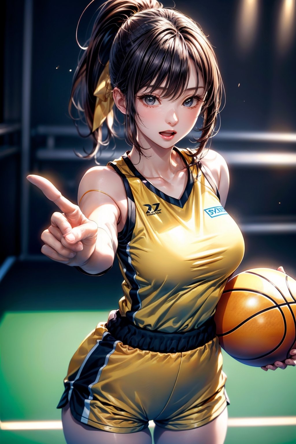 (((1ponytail hair girl:1.3, solo))), (a extremely pretty and beautiful milf:1.3), (22 years old: 1.1), (pointing at you:1.3), (stylish basketball posing:1.3), (open stance:1.3), (dribbling:1.3),  at basketball arena, 
break, 
(up-ponytail:1.3), (shiny-black thin hair:1.2), bangs, dark brown eyes, beautiful eyes, princess eyes, bangs, Hair between eyes, short hair:1.3, slender, (gigantic breasts:1.3, sagging breasts:1.3, disproportionate breasts;1.3), (thin waist: 1.3), (detailed beautiful girl: 1.4), Parted lips, Red lips, full-make-up face, (shiny skin), ((Perfect Female Body)), (upper body Image:1.3), Perfect Anatomy, Perfect Proportions, (most beautiful Asian actress face:1.3, extremely cute and beautiful Korean idol face:1.3), (seductive emotion:1.3), (blowjob face:1.3, open mouth:1.3), (4fingers and thumb:1.3), (perfect ratio human hands:1.3), 
BREAK, 
(wearing a yellow basketball unifrom:1.3), (sports shorts:1.3), (basketball shoes:1.3), detailed clothes, 
BREAK, 
a basketball arema, basketball, baseketball goal, audience, player, coach, 
BREAK, 
(Realistic, Photorealistic: 1.37), (Masterpiece, Best Quality: 1.2), (Ultra High Resolution: 1.2), (RAW Photo: 1.2), (Sharp Focus: 1.3), (Face Focus: 1.2), (Ultra Detailed CG Unified 8k Wallpaper: 1.2), (Beautiful Skin: 1.2), (pale Skin:1.3), (Hyper Sharp Focus: 1.5), (Ultra Sharp Focus: 1.5), (Beautiful pretty face: 1.3), (super detailed background, detail background: 1.3), Ultra Realistic Photo, Hyper Sharp Image, Hyper Detail Image, ,Indoor Grey