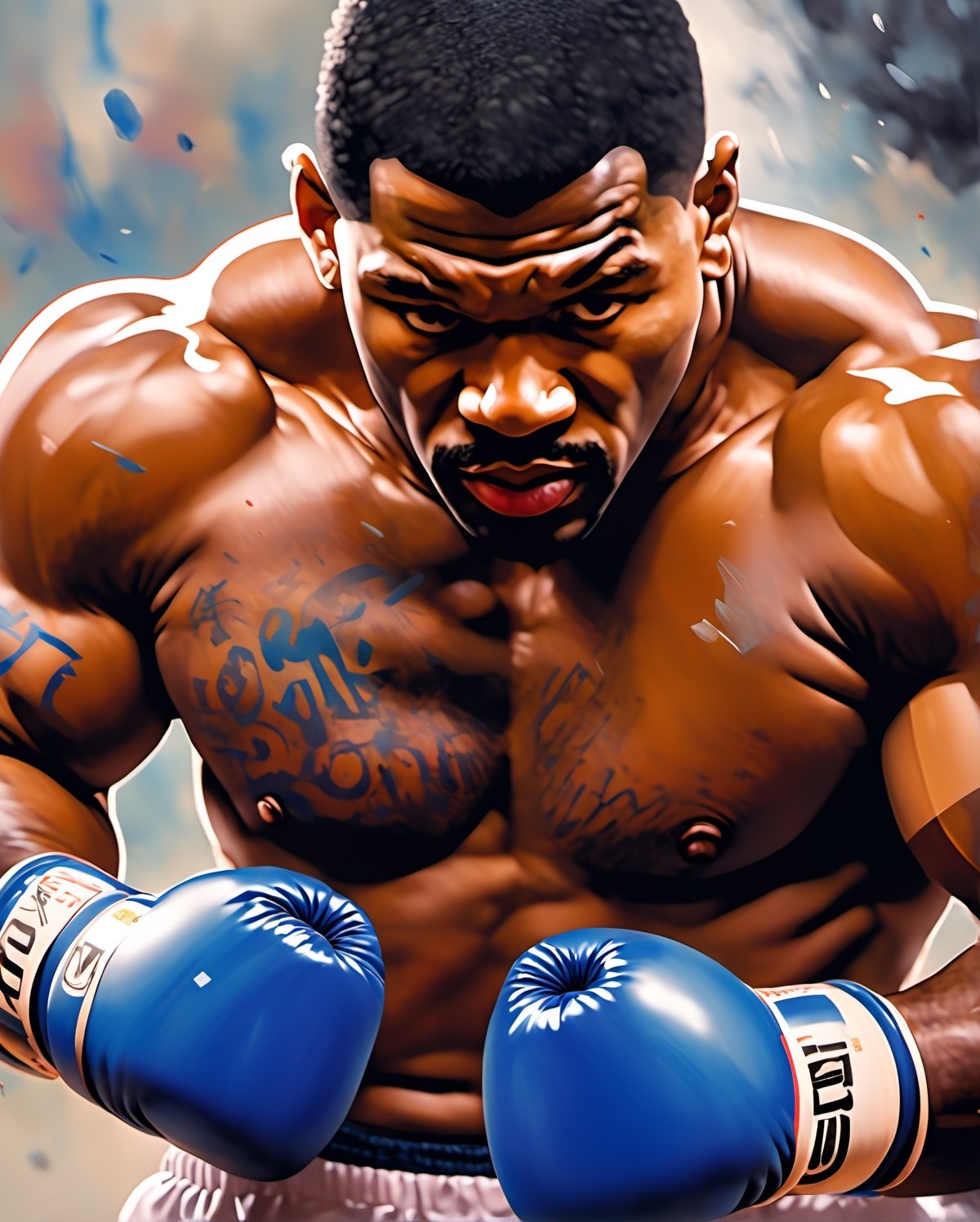 (hyperrealistic stylish digital oilpainting illustration:1.5), (fusion of digital anime painting and oil painting:1.3), (boxing theme:1.5), (fight of the century:1.5), (big match:1.5), (all or nothing:1.5), (Model character inspiration from Mike Tyson:1.5), (super heavyweight title match: 1.5), (boxing ring:1.5), (1male boxing fighter:1.5), solo, musclar boxing fighter, hyper mascular body, dynamic, sweat, glossy skin, dynamic fighting pose, fighting stance, punching scene, straight punch, cowboy shot, photorealistic, ultrarealistic, oil painting, dropped painting, ultradetailed, hyper sharp, best qulity , masterpiece,oil paint,ink 