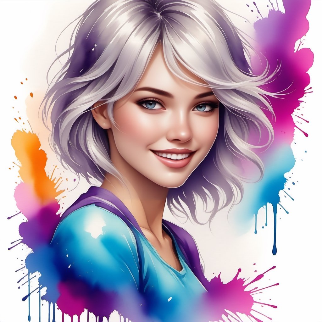 ink art, a beautiful caucasian girl, beautiful Russian girl, anime style, smiling with style, dynamic poses, ultra colorfull, white background, details, clean, masterpiece,,,art_booster,,,<lora:659095807385103906:1.0>