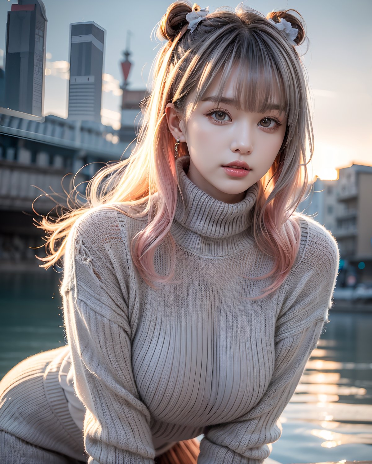 (upper body portrait:1.3), (wavy two side up hair with bangs:1.3), windblown hair, (light {orange|pink} two tone hair:1.3), (hime cut bangs:1.5), ((centered image)), a stunning beautiful busty woman, 20yo, medieval river side:1.3, steam, mist, smog, wind, fog, at early morning, flying sand and grass, (looking at the viewer:1.3), (view viewer), (facing the viewer), (standing with leaning forward:1.3),  
BREAK, 
masterpiece, best quality, highres, 1girl, Korean German, hot model, looking at viewer:1.3, (smile:0.6), wearing ((grey turtleneck knitted sweater dress:1.3)), (no bra:1.4),(nipples visible through clothes),(grey theme:1.3), upper body shot, realistic, busty, (large breasts:1.37), (upturned breasts:1.37),(round breasts:1.37) ,parted lips, glossy juicy lips, pink lips, ,Realism,photo of perfecteyes eyes