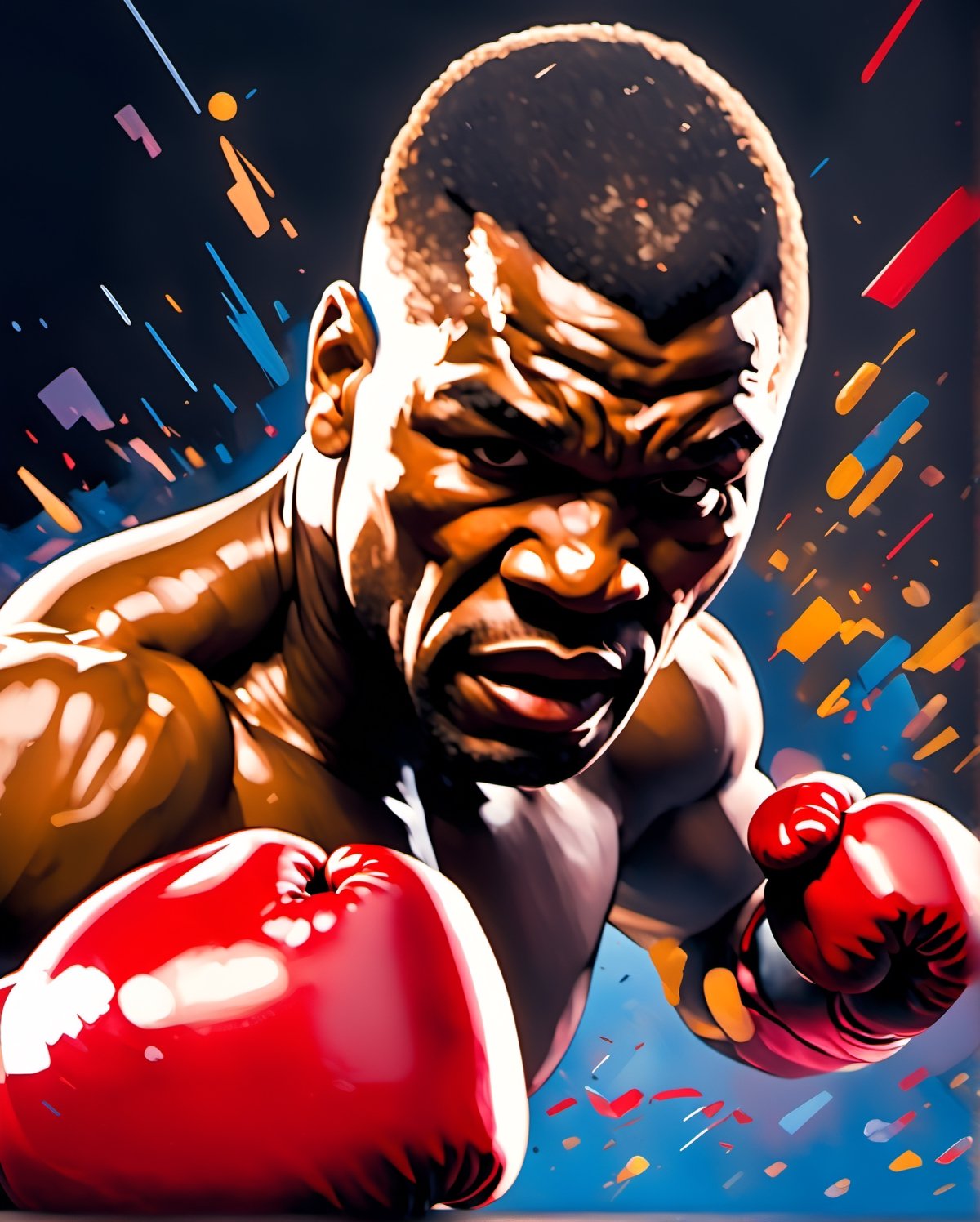 (hyperrealistic stylish digital oilpainting illustration:1.5), (fusion of digital anime painting and oil painting:1.3), (boxing theme:1.5), (fight of the century:1.5), (big match:1.5), (all or nothing:1.5), (Model character inspiration from Mike Tyson:1.5), (super heavyweight title match: 1.5), (boxing ring:1.5), (1male boxing fighter:1.5), solo, musclar boxing fighter, hyper mascular body, dynamic, sweat, glossy skin, dynamic fighting pose, fighting stance, punching scene, straight punch, cowboy shot, photorealistic, ultrarealistic, oil painting, dropped painting, ultradetailed, hyper sharp, best qulity , masterpiece,oil paint,ink 