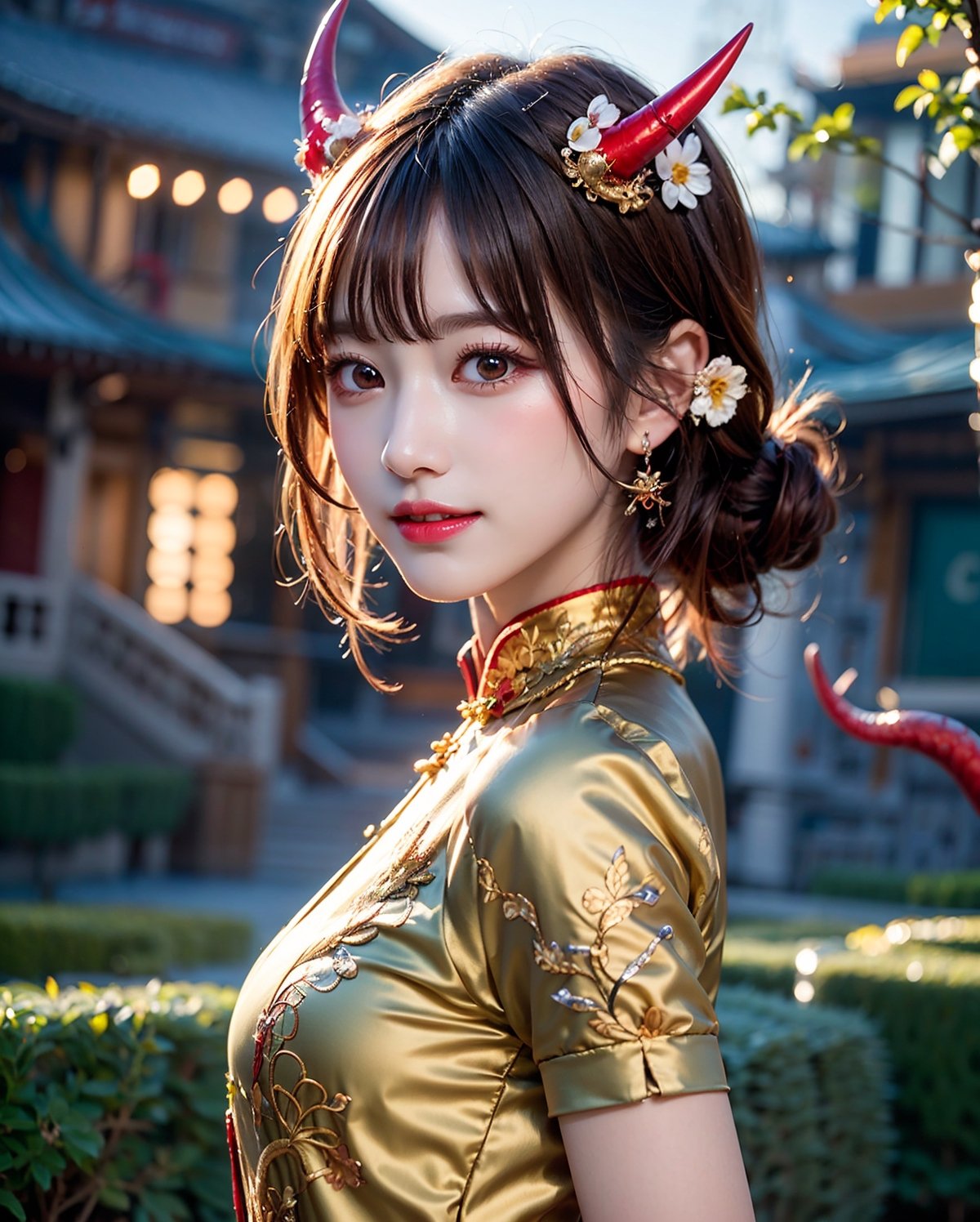 Upper body portrait of a stunning beautiful dragon daughter, 22yo, 1dragon girl, solo, wearing a ultra detailed golden dragon embroidery drapped shreer dress, beige theme, (elegant),(gorgeous),(skin tight), chignon redhair, (fantasy:1.3),(magic), ((dragon horns:1.4)), red big eyes, parted lips, small face,  
BREAK, 
materpiece, best qulity, ultra high res, realisticm photorealistic, photo of perfect eyes, Realism, Extremely Realistic, upper body, bright smile, fang, closed mouth, front view, looking at the viewer, standing, open stance, urabn, 