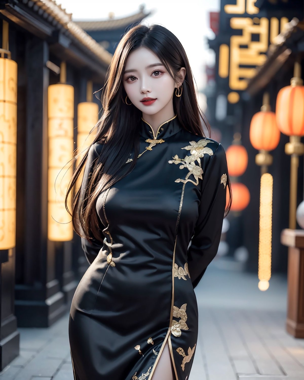 A sheer salon style long windblown hair, masterpiece, best quality, ultra high res, 1girl, solo, a stunning pretty and beautiful Korean hot model, 20yo, looking at viewer:1.3, (bright smile:1.0), night, chinese lantan festival, chinese lantan, wearing (((detailed wear:1.25), (black theme:1.5), (Black china dress with detailed gold design:1.2), (high class feeling:1.1))), cowboy shot portrait, attractive showing her breasts ,realistic, busty, (round breasts:1.2),(large breasts:1.3),(sagging breasts:1.3),(narrow waist:1.3), standing with arms behind back:1.3, watch, ,1girl