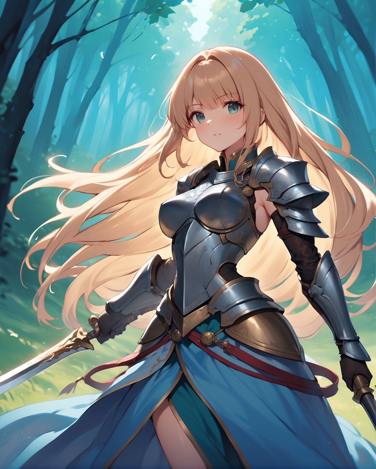 Envision an anime illustration reminiscent of medieval Europe, featuring a formidable female swordswoman in the role of a knight. Picture her clad in authentic medieval armor, with intricate detailing that reflects the craftsmanship of the era. Visualize the female warrior wielding a finely crafted sword, poised for battle with a backdrop reminiscent of a medieval landscape – perhaps a castle in the distance or a mist-shrouded forest. Capture the essence of her strength and resilience in the determined expression on her face, illuminated by the soft glow of filtered sunlight. Craft a visually compelling scene that transports viewers to an anime interpretation of the medieval European world, showcasing the prowess and valor of this female knight.