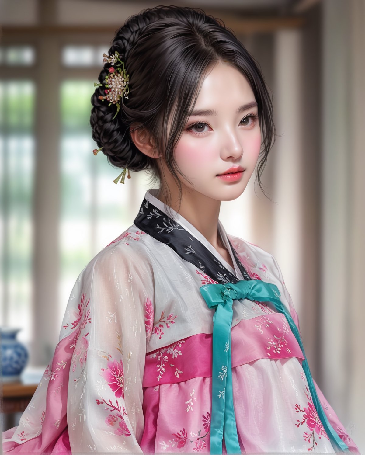 Pencil sketch of a stunning beautiful Korean girl, 20yo, black updo hair, wearing a hanbok, portrait by Charles Miano, pastel drawing, illustrative art, soft lighting, detailed, more Flowing rhythm, elegant, low contrast, add soft blur with thin line,Asian girl,Hanbok,<lora:659095807385103906:1.0>,<lora:659095807385103906:1.0>