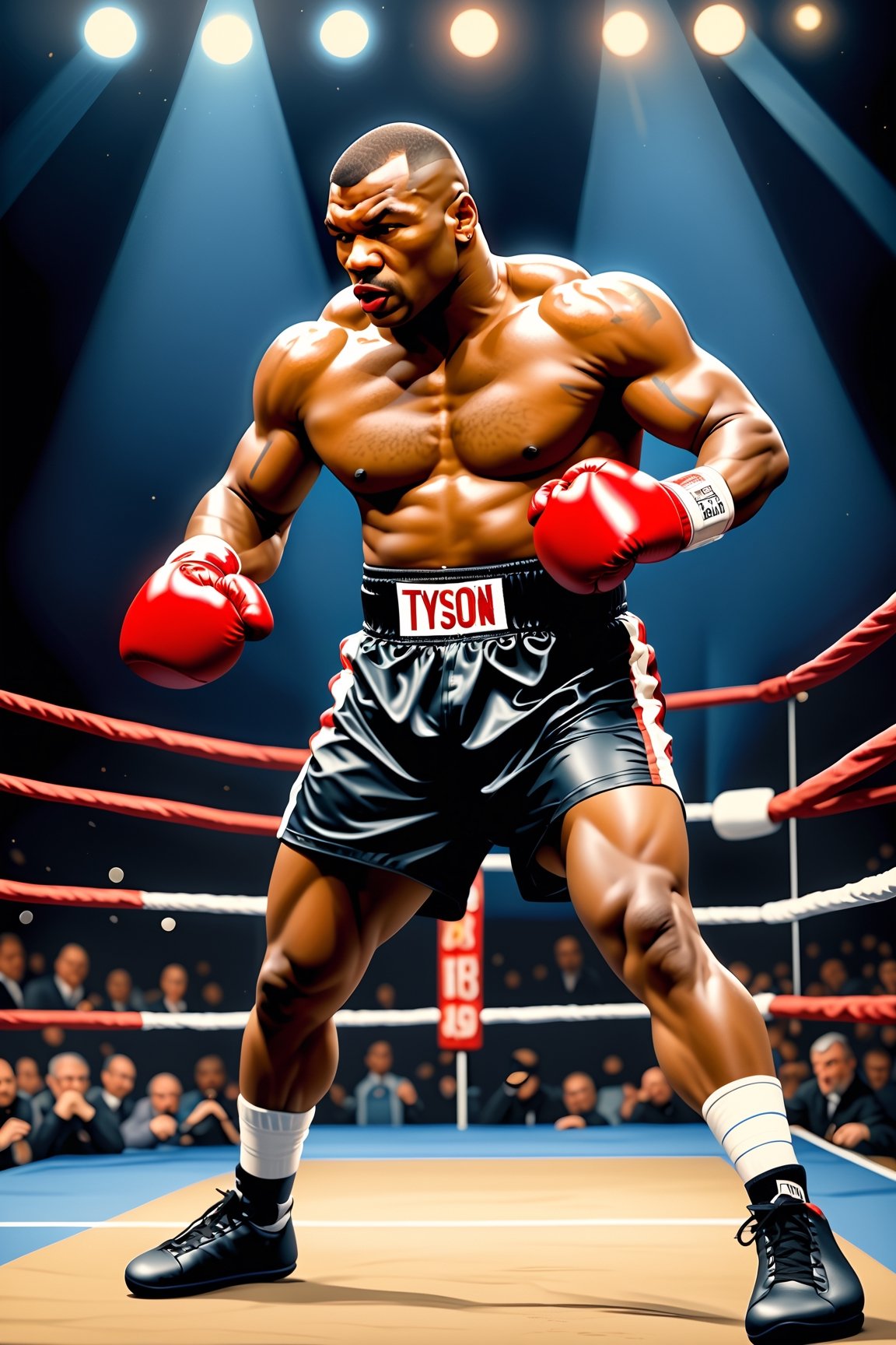  (hyperrealistic stylish digital oilpainting illustration:1.5), (boxing theme:1.5), (fight of the century:1.5), (big match:1.5), (all or nothing:1.5), (Model character inspiration from Mike Tyson:1.5), (super heavyweight title match: 1.5), (boxing ring:1.5), (1male boxing fighter:1.5), solo, musclar boxing fighter, hyper mascular body, dynamic, sweat, glossy skin, dynamic fighting pose, fighting stance, punching scene, straight punch, cowboy shot, photorealistic, ultrarealistic, oil painting, dropped painting, ultradetailed, hyper sharp, best qulity , masterpiece,