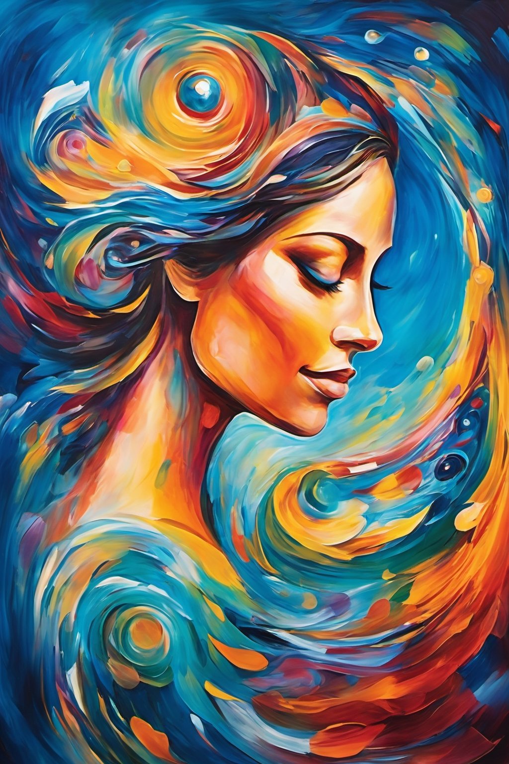 A captivating dreamlike painting featuring a woman as the central figure amidst a swirling kaleidoscope of colors and abstract shapes. The woman's features blend seamlessly with the landscape, showcasing the interconnectedness of all things. Her eyes, a vivid blue, draw the viewer into a world of surrealism and modernism. The brushstrokes, visible and bold, symbolize the fluidity of human experience, inviting onlookers to explore the depths of their unconscious mind and embrace the charm of the unknown. This contemporary work of art transcends boundaries, igniting the imagination and evoking a sense of wonder.