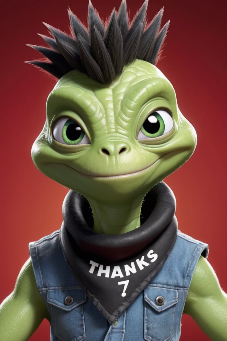 A stylish alien with a punk rock vibe, sporting a spiked collar and a bandana around its neck that says "thanks 7K" in font.,Disney pixar style