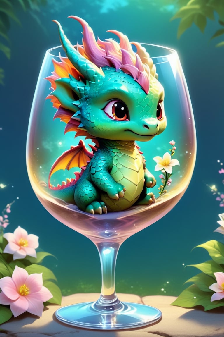 A delightful scene,pastel Punk,Kawaii, unfolds within a wine glass adorned with blooming flowers—an enchanting cute chibi dragon, brimming with cuteness, captivates with its tiny presence,The vibrant petals complement the whimsical charm of the diminutive creature, making for a magical tableau that seamlessly merges nature's beauty and the kawaii fantastical ,dragon_h,kawaiitech