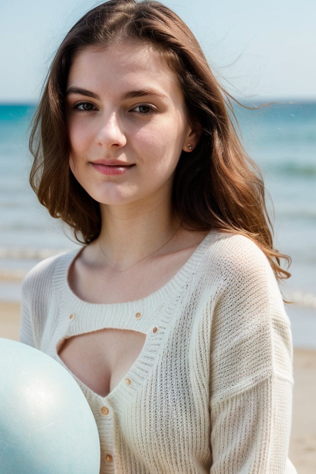 closeup face photo of cute 20 y.o woman in sweater, cleavage, pale skin, beach_ball