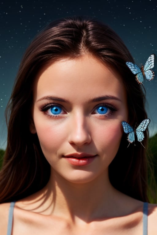 Woman, beauty, butterflies, night, night_sky, light_blue_eyes, natural_background, nature, shining_butterflies