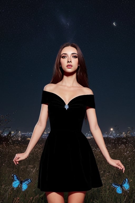 Woman, beauty, butterflies, night, night_sky, black_dress