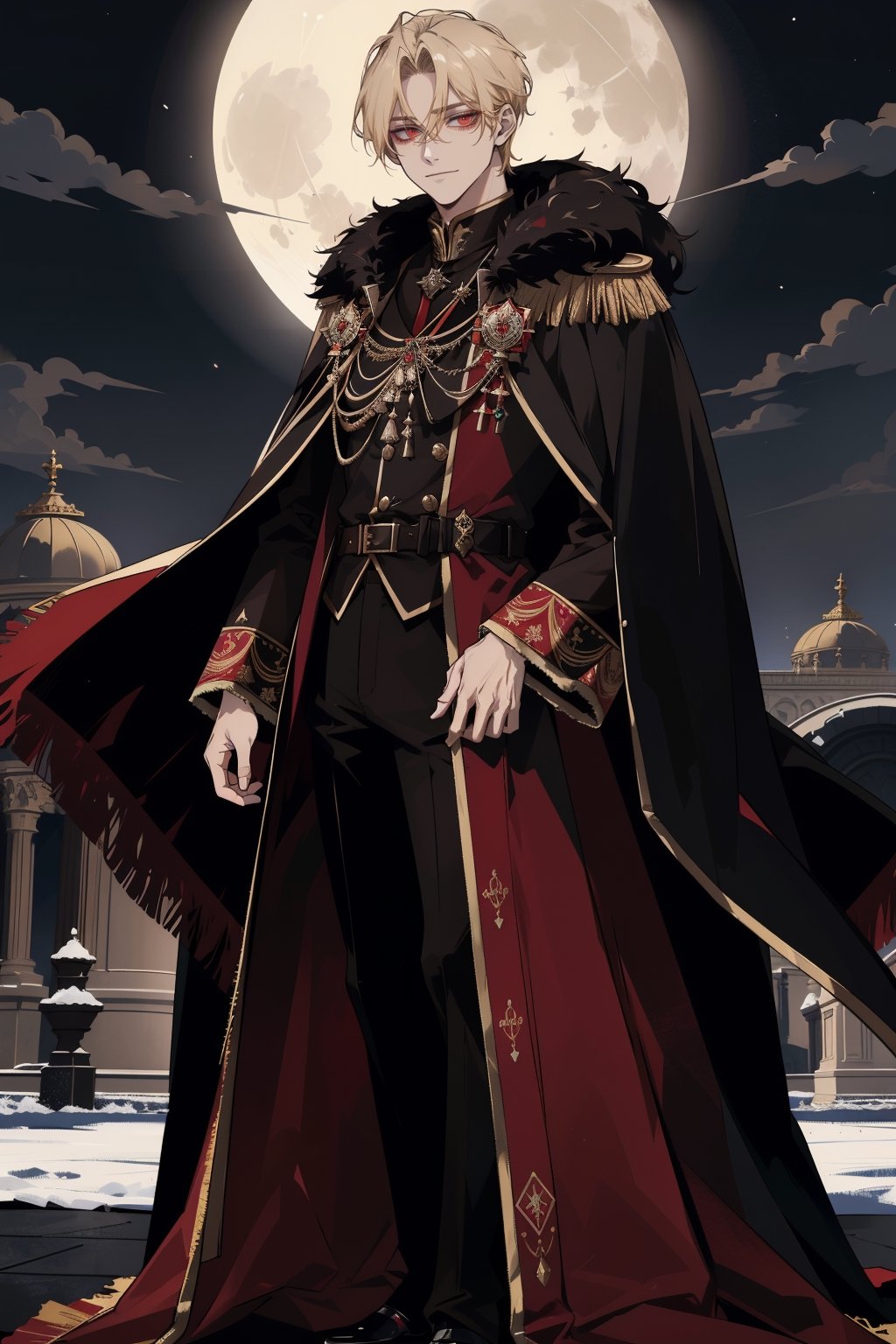 (masterpiece, best quality, highres:1.3), ( young handsome man, blonde hair, short hair, red eyes, glowing eyes, levi ackerman hairstyle,)  red and black outfit, ((wearing aristocrat robe)), king, in dark robes with gold accents, full body, detailed outfit, dark ornate royal robes, regal dark red clothes, black pants, standing, gloves, long sleeves, closed mouth, jacket, male focus, cape, fur trim, epaulettes, cape, glowing eyes, evil smile, cruel, empty eyes, cold, outdoors, night, garden, palace, royal, royalty, elegant, handsome, ethereal, moon, moonlight, 