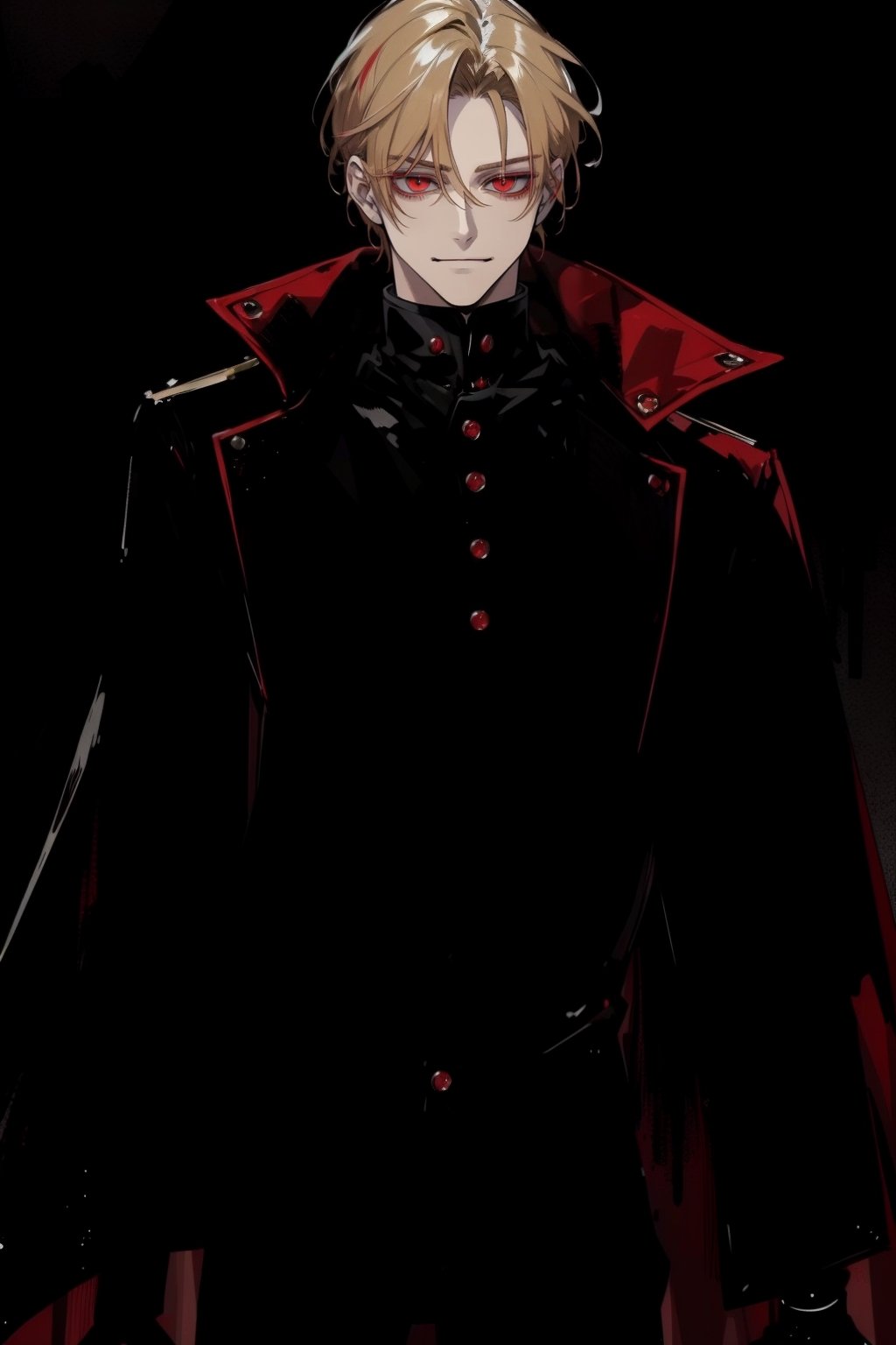 (masterpiece, best quality, highres:1.3), ( young handsome man, blonde hair, red eyes, glowing eyes, levi ackerman hairstyle,)  red and black outfit, in dark clothes, dark red clothes, black pants, standing, gloves, long sleeves, closed mouth, jacket, male focus, glowing eyes, smirk, evil, cold, villian, 