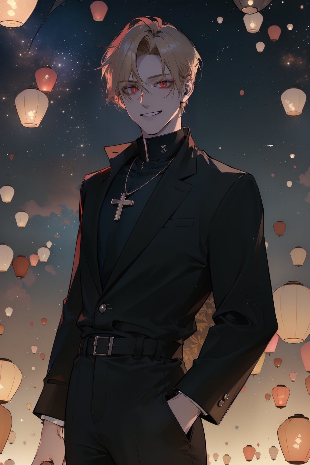 (masterpiece, best quality, highres:1.3), ( young handsome man, blonde hair, short hair, red eyes, glowing eyes, levi ackerman hairstyle,)  solo, grin, long sleeves, jacket,  male focus, black jacket, Waist-up view ,sky lantern, cross necklace, 