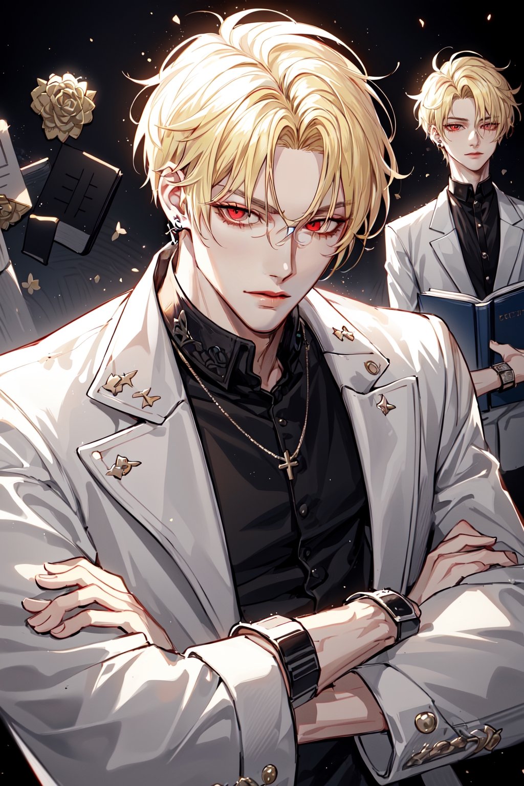 (Tall young handsome man, blonde, red eyes,  glowing eyes, levi ackerman hairstyle,) solo, looking at viewer, short hair, shirt, jewelry, jacket, upper body, male focus, earrings, necklace, collar, bracelet, book, black shirt, crossed arms, white jacket, watch, blonde hair