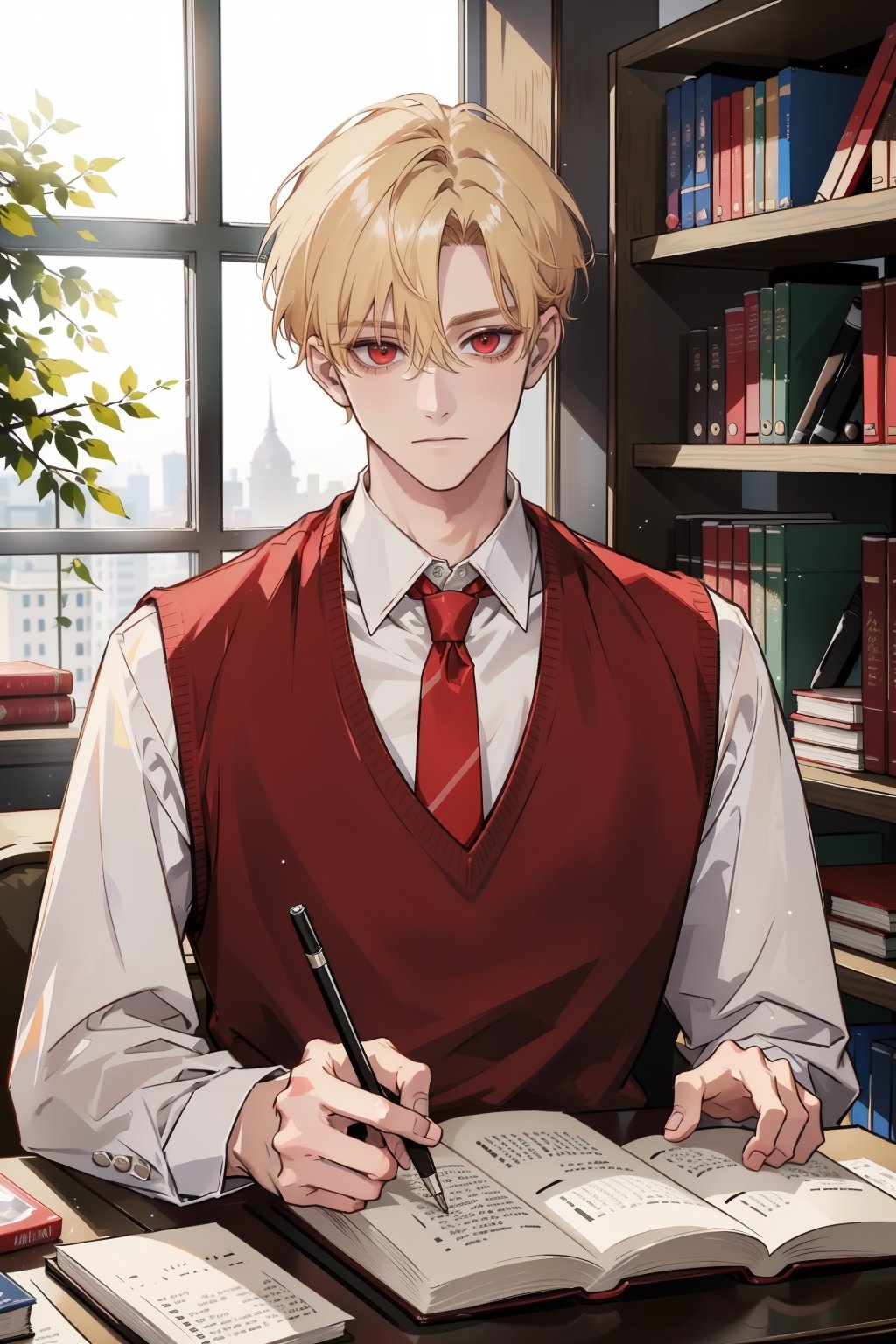 (masterpiece, best quality, highres:1.3), ( young handsome man, blonde hair, short hair, red eyes, glowing eyes, levi ackerman hairstyle,)   male focus, red necktie, sweater vest,  red vest, white shirt, school uniform, black pants, looking_at_viewer, sitting, behind table, table,  upperbody,  day, window, studying, library, books, bookshelves,