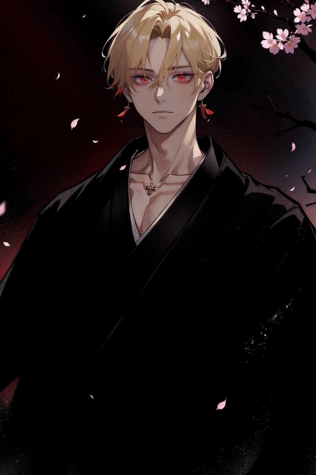 (masterpiece, best quality, highres:1.3), ( young handsome man, blonde hair, short hair, red eyes, glowing eyes, levi ackerman hairstyle,)  solo,  jewelry, male focus, earrings, japanese clothes, kimono, necklace, bracelet, petals, cherry blossoms, haori,  collarbone, black and red kimono