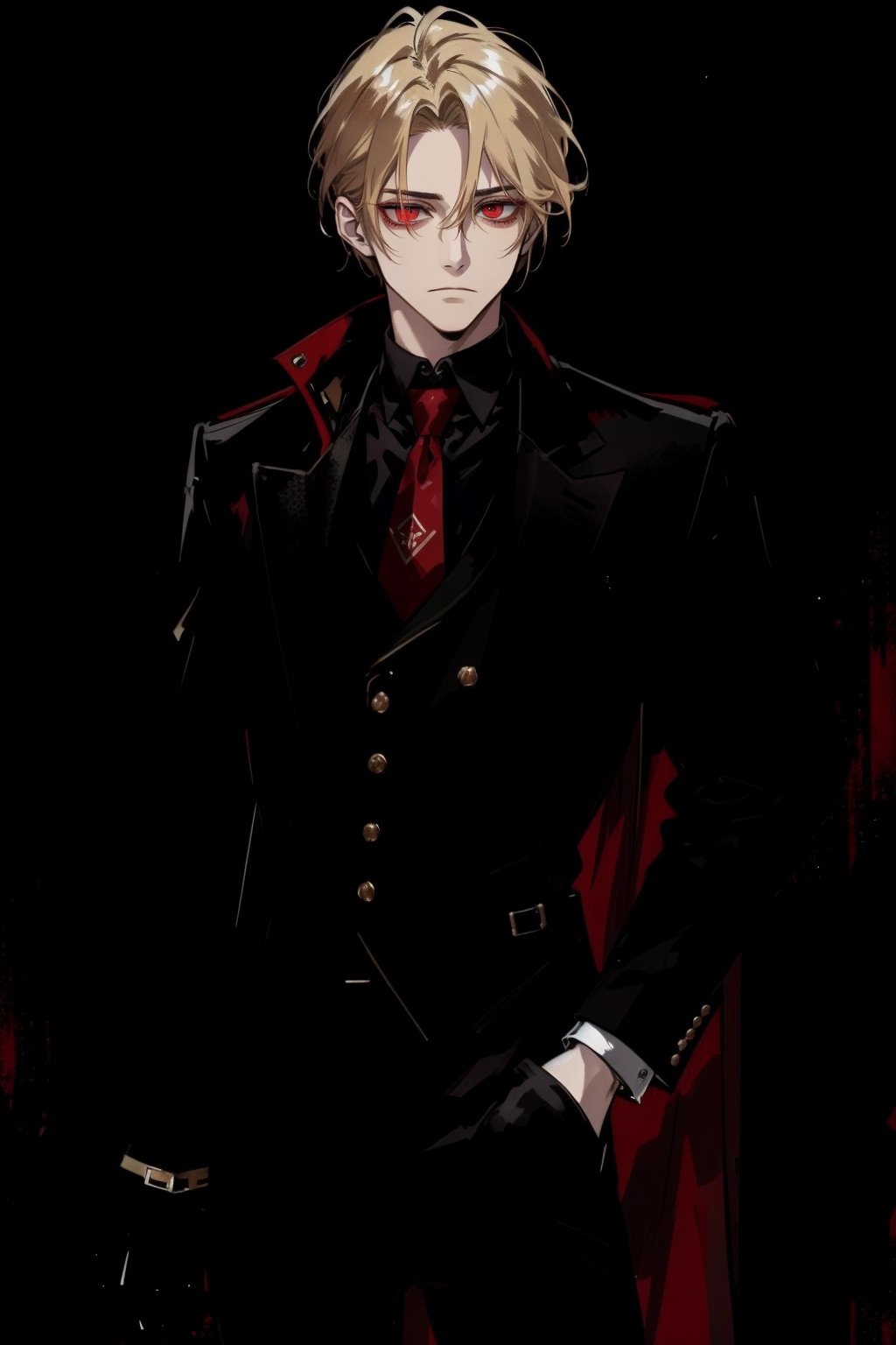 (masterpiece, best quality, highres:1.3), ( young handsome man, blonde hair, red eyes, glowing eyes, levi ackerman hairstyle,)  red and black outfit, in dark clothes, dark red clothes, black pants, standing, gloves, long sleeves, closed mouth, jacket, male focus, glowing eyes, evil, cold, villian, suit, waistcoat, shirt, tie, neutral_expression, poker face,  emotionless