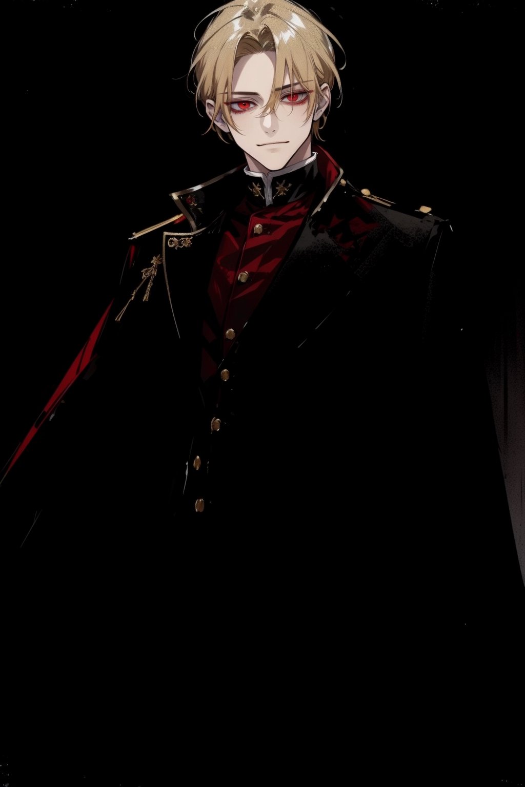 (masterpiece, best quality, highres:1.3), ( young handsome man, blonde hair, red eyes, glowing eyes, levi ackerman hairstyle,)  red and black outfit, in dark clothes, full body, detailed outfit,  regal dark red clothes, black pants, standing, gloves, long sleeves, closed mouth, jacket, male focus, glowing eyes, smirk, empty eyes, cold, void eyes, 