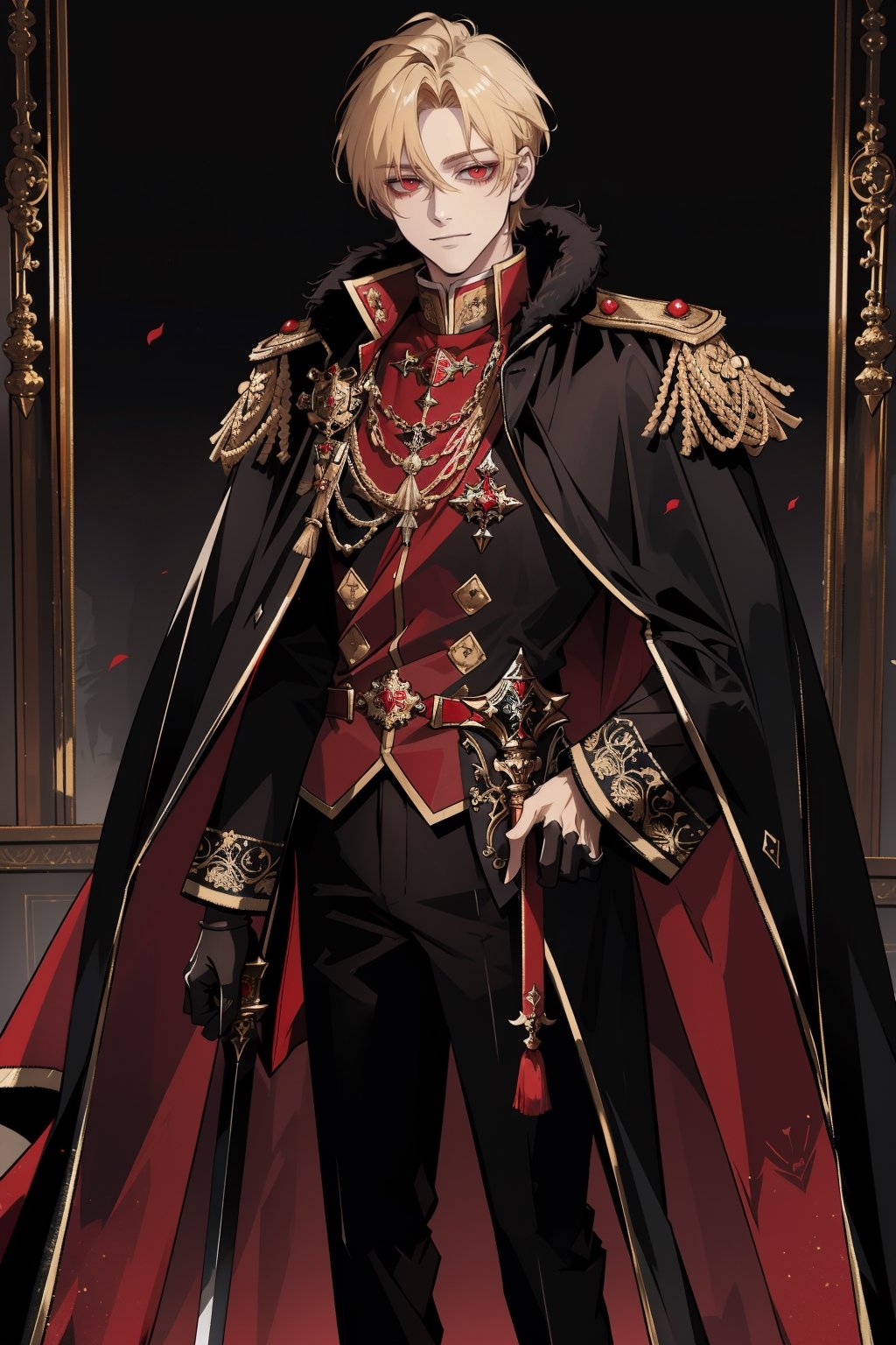 (masterpiece, best quality, highres:1.3), ( young handsome man, blonde hair, short hair, red eyes, glowing eyes, levi ackerman hairstyle,)  red and black outfit, ((wearing aristocrat robe)), king, in dark robes with gold accents, full body, detailed outfit, dark ornate royal robes, regal dark red clothes, black pants, standing, gloves, long sleeves, closed mouth, jacket, male focus, cape, fur trim, epaulettes, cape, glowing eyes, evil smile, cruel, empty eyes, cold,, palace, royal, royalty, elegant, handsome, standing, sword, holding sword,