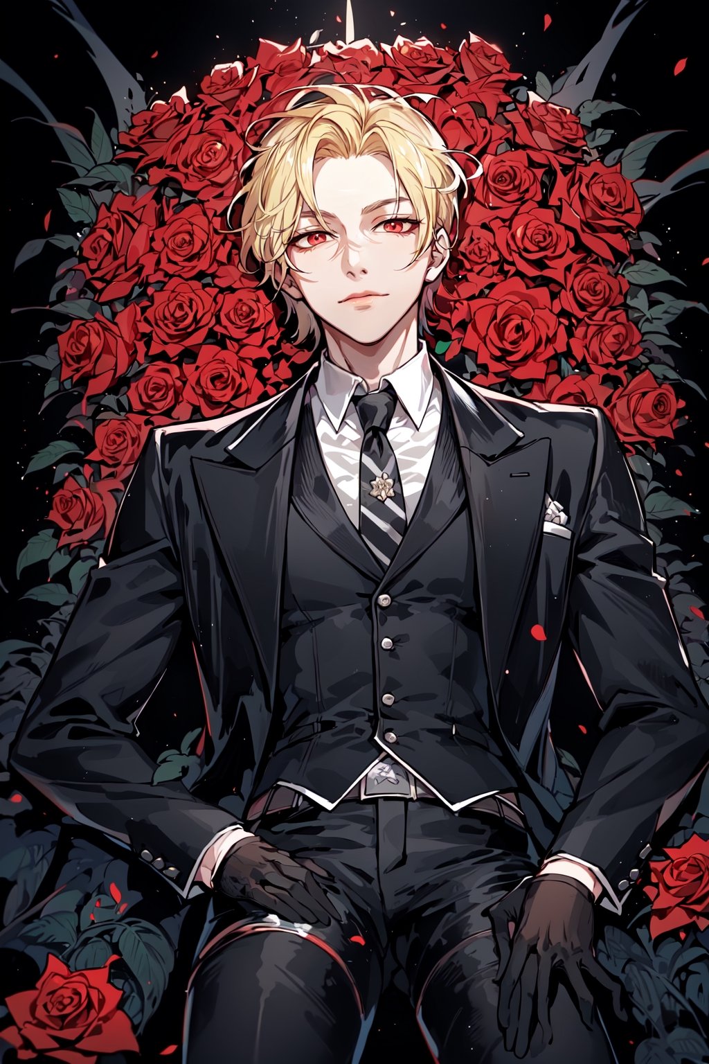 (Tall young handsome man, blonde, red eyes,  glowing eyes, levi ackerman hairstyle,) solo, shirt, black hair, gloves, long sleeves, closed mouth, jacket, white shirt, flower, male focus, cowboy shot, lying, necktie, striped, collared shirt, pants, black gloves, on back, vest, black jacket, rose, black pants, formal, suit, red flower, facing viewer, red rose, striped necktie, blonde hair,1 girl