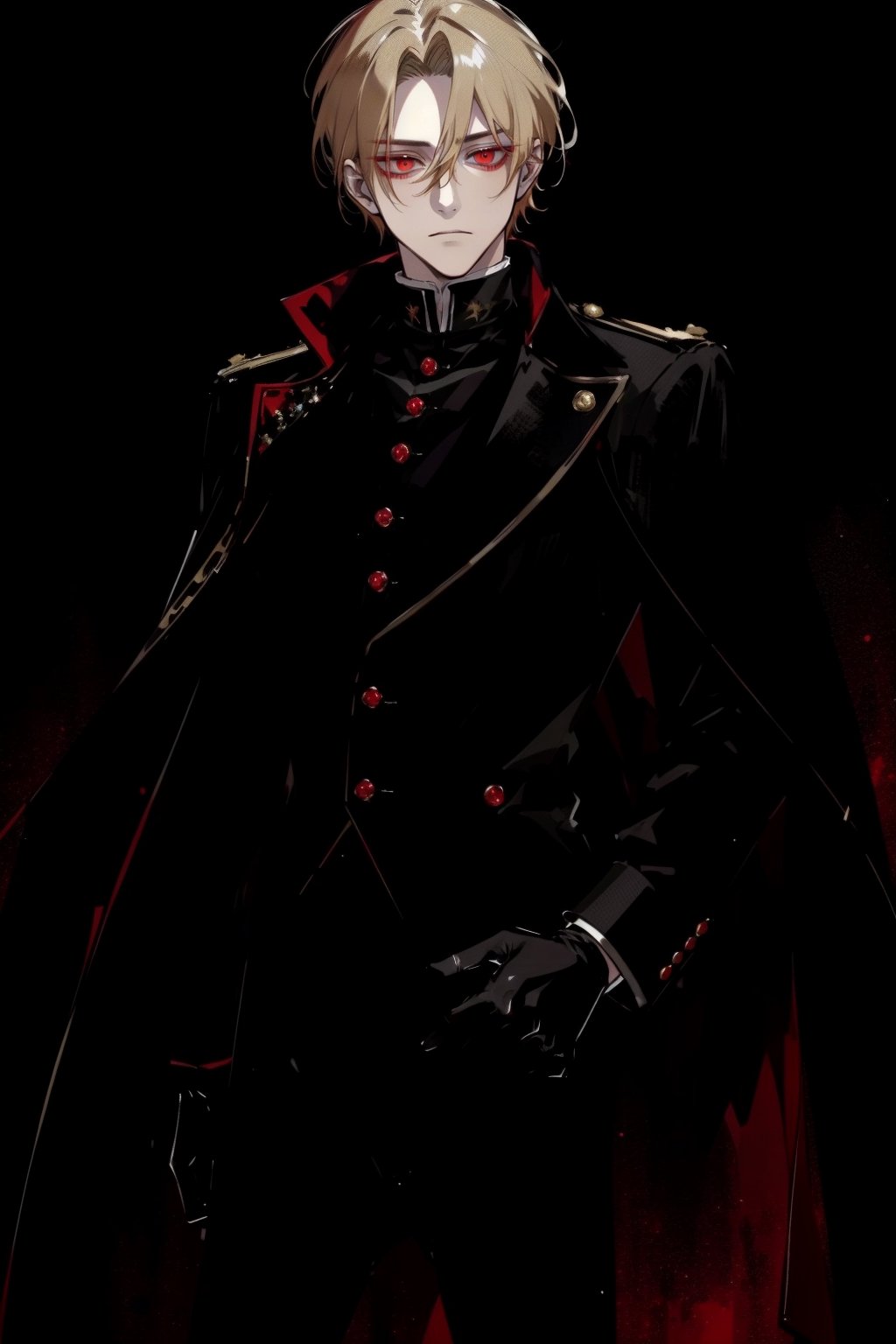 (masterpiece, best quality, highres:1.3), ( young handsome man, blonde hair, red eyes, glowing eyes, levi ackerman hairstyle,)  red and black outfit, in dark clothes, full body, detailed outfit,  regal dark red clothes, black pants, standing, gloves, long sleeves, closed mouth, jacket, male focus, glowing eyes, empty eyes, cold, void eyes, 