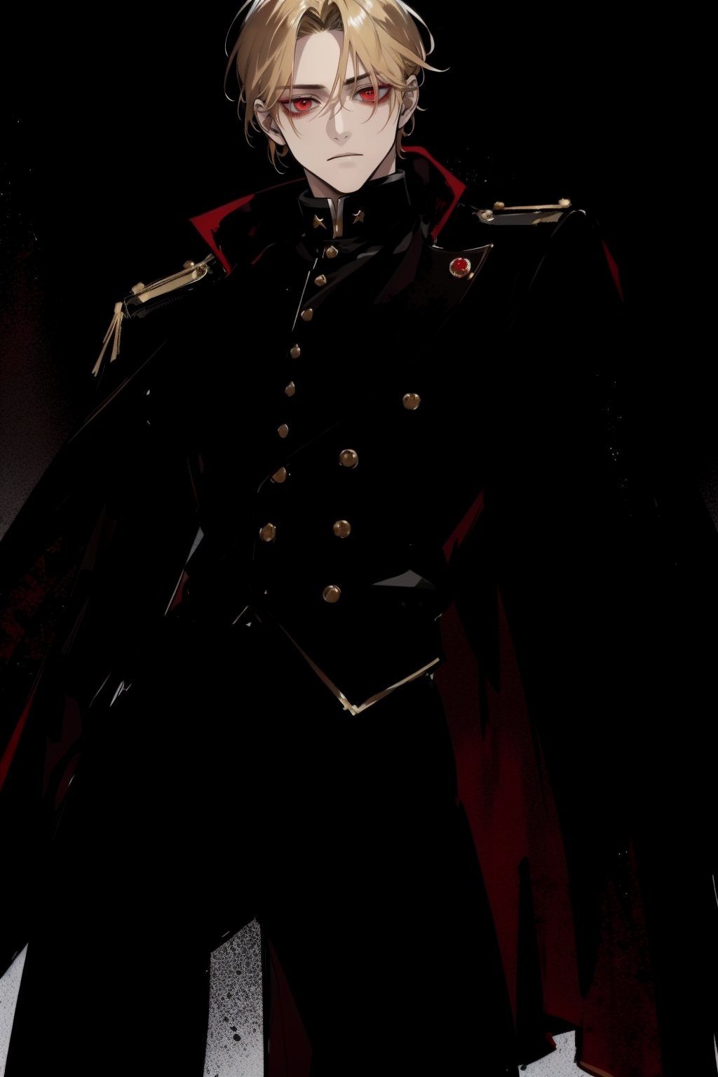 (masterpiece, best quality, highres:1.3), ( young handsome man, blonde hair, red eyes, glowing eyes, levi ackerman hairstyle,)  red and black outfit, in dark clothes, full body, detailed outfit,  regal dark red clothes, black pants, standing, gloves, long sleeves, closed mouth, jacket, male focus, glowing eyes, empty eyes, cold, void eyes, disappointment, looking down at viewer, POV, From_below, viewed_from_below, ,from_below