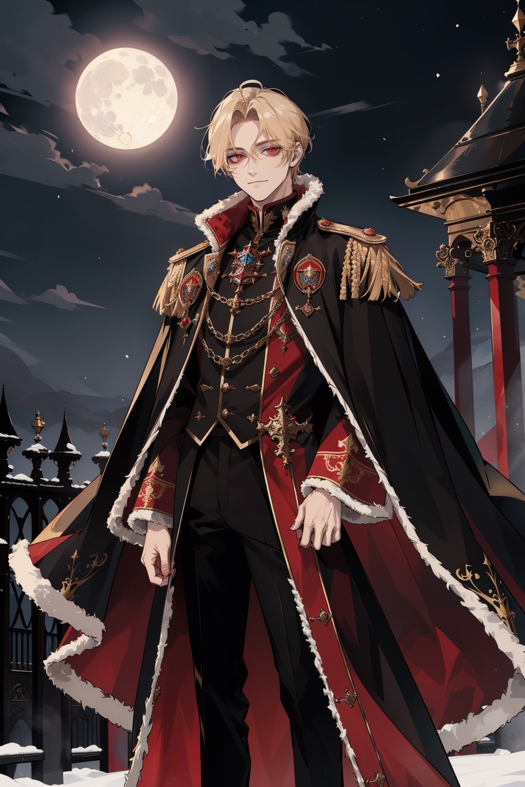 (masterpiece, best quality, highres:1.3), ( young handsome man, blonde hair, short hair, red eyes, glowing eyes, levi ackerman hairstyle,)  red and black outfit, ((wearing aristocrat robe)), king, in dark robes with gold accents, full body, detailed outfit, dark ornate royal robes, regal dark red clothes, black pants, standing, gloves, long sleeves, closed mouth, jacket, male focus, cape, fur trim, epaulettes, cape, glowing eyes, evil smile, cruel, empty eyes, cold, outdoors, night, garden, palace, royal, royalty, elegant, handsome, ethereal, moon, moonlight, 