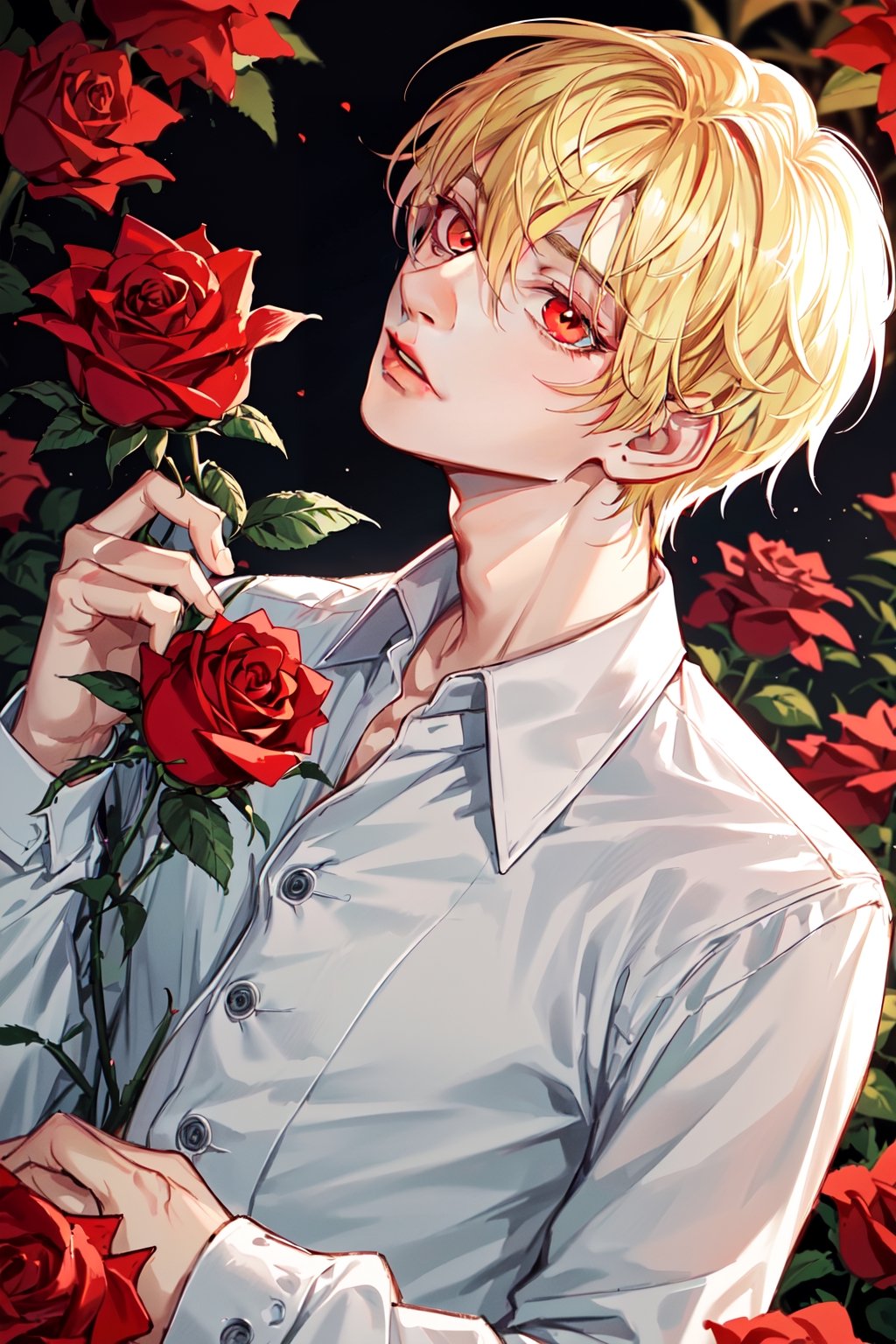 (Tall young handsome man, blonde hair, red eyes,  glowing eyes, levi ackerman hairstyle,) solo, looking at viewer, short hair, blonde hair, shirt, long sleeves, 1boy, holding, white shirt, upper body, flower, male focus, collared shirt, , blurry, dress shirt, rose, sunlight, red flower,  red rose, holding flower, 
